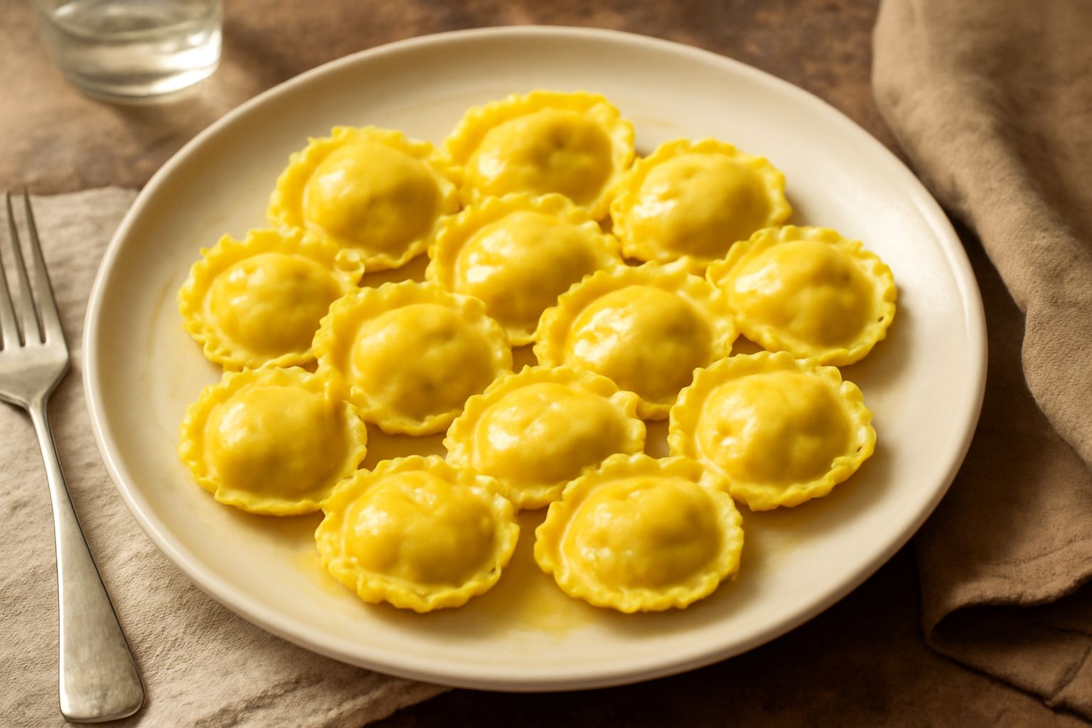 Anoletti rotondi e ripieni disposti nel piatto bianco con salsa di pomodoro o brodo leggero, pasta all'uovo gialla e ripieno di carne visibile dalle pieghe