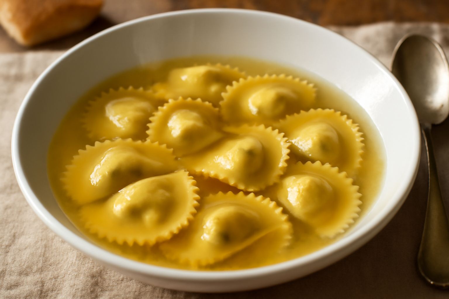 Anolini di carne serviti in una ciotola di brodo caldo, tre pezzi visibili con pasta sottile dorata, vapore che sale dalla superficie, prezzemolo verde come guarnizione