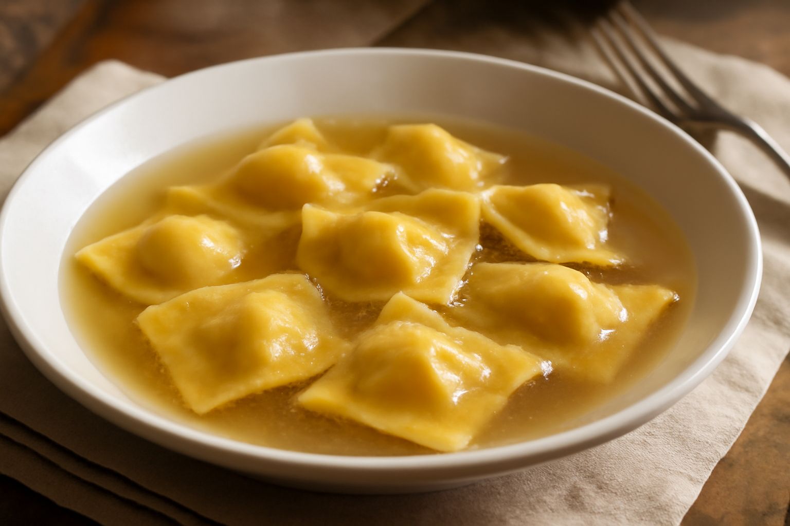 Anolini di magro in una ciotola bianca di brodo leggero, ricoperti di burro dorato e parmigiano grattugiato, accompagnati da un cucchiaio di legno e una grattugia sullo sfondo