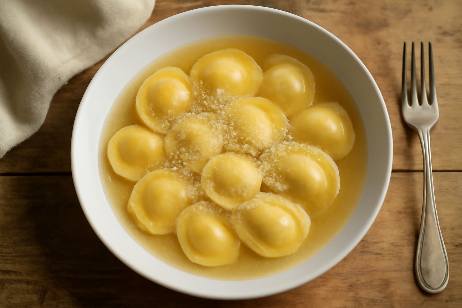 Una ciotola di ceramica bianca contiene cinque anolini di Piacenza, pasta ripiena chiusa a mezzaluna, immersi in brodo trasparente ambrato. Il contorno del piatto mostra una spruzzata di parmigiano gr