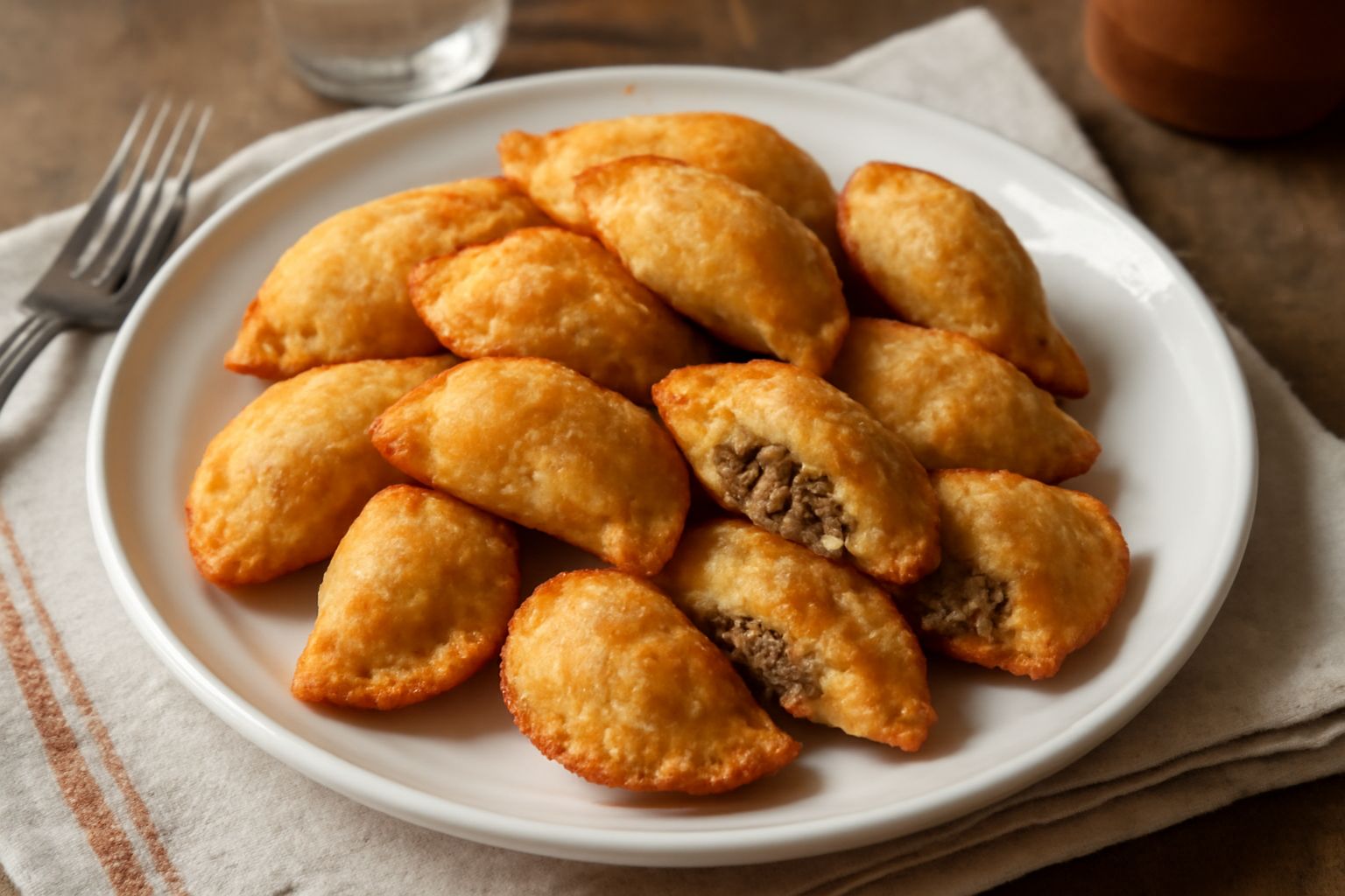 Tre anolini dorati e croccanti disposti su carta bianca, con una leggera guarnizione di prezzemolo fresco, spaccati da un lato per mostrare il ripieno di carne macinata e verdure verdi