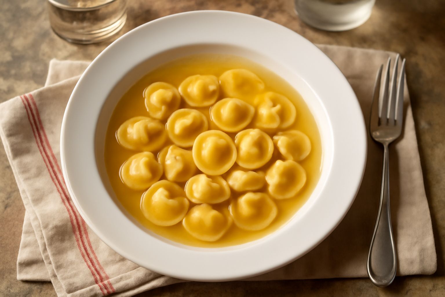 Ciotola di ceramica con anolini in brodo caldo, pasta ripiena tondeggiante immersa in brodo trasparente, decorata con una foglia di prezzemolo fresco