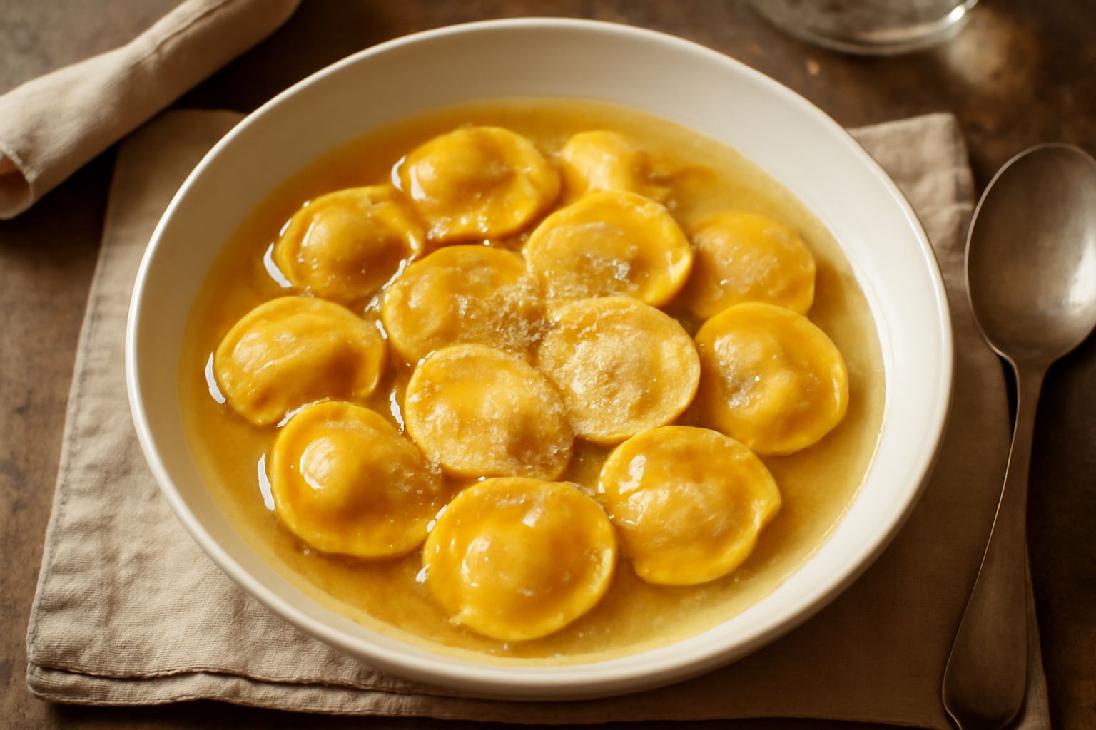 Anolini tondi in brodo trasparente dentro una ciotola bianca, con quelche stellina di pasta e fili di parmigiano visibili, vapore che sale, cucchiaio d'acciaio poggiato sul bordo