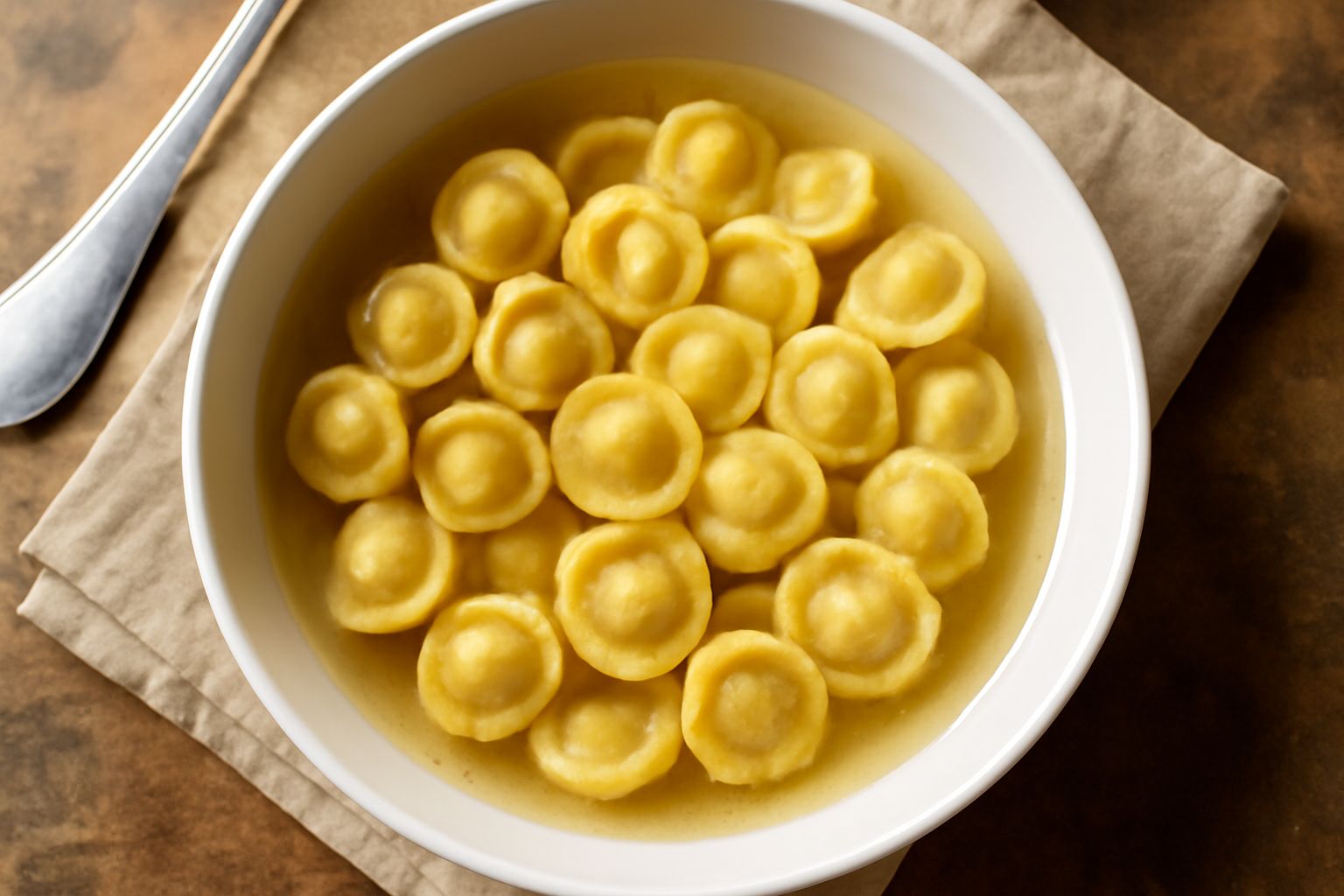 Scodella di ceramica bianca con anolini piacentini rosati in brodo trasparente, decorati da una spolverata di parmigiano grattugiato e una foglia di prezzemolo fresco sul bordo