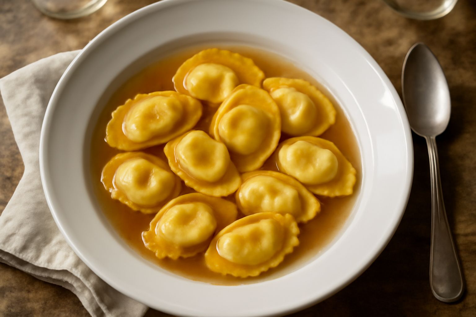 Anolini reggiani in una ciotola di ceramica bianca, immersi in brodo trasparente fumante, cosparsi di parmigiano grattugiato fresco, con qualche foglia di prezzemolo verde