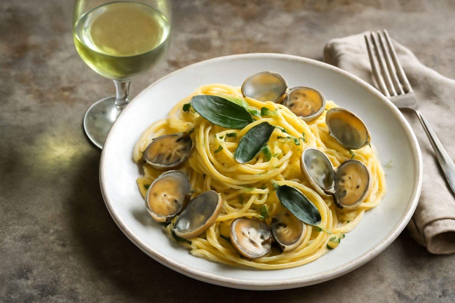 Calice di vino bianco Ansonica con riflessi dorati, servito su tavolo di legno con uva bianca e fette di limone fresco accanto