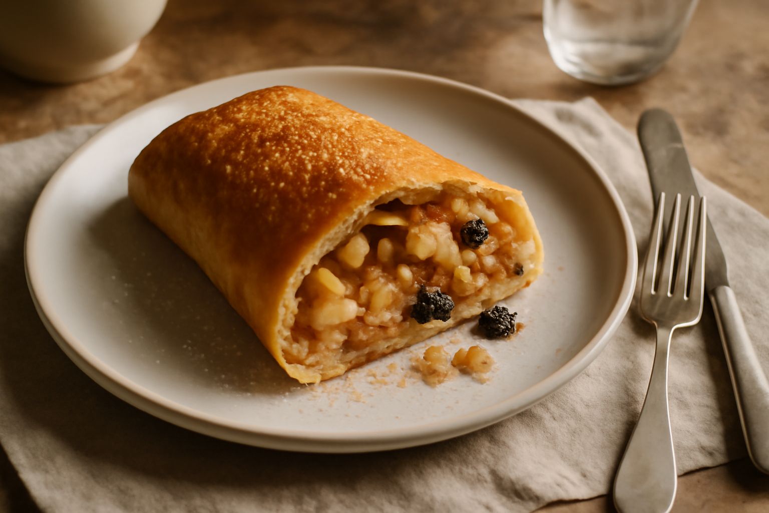 Apfelstrudel affettato su piatto bianco, sezione trasversale che mostra la pasta dorata e croccante con ripieno di mele color nocciola, spolverato di zucchero a velo, su sfondo di legno scuro