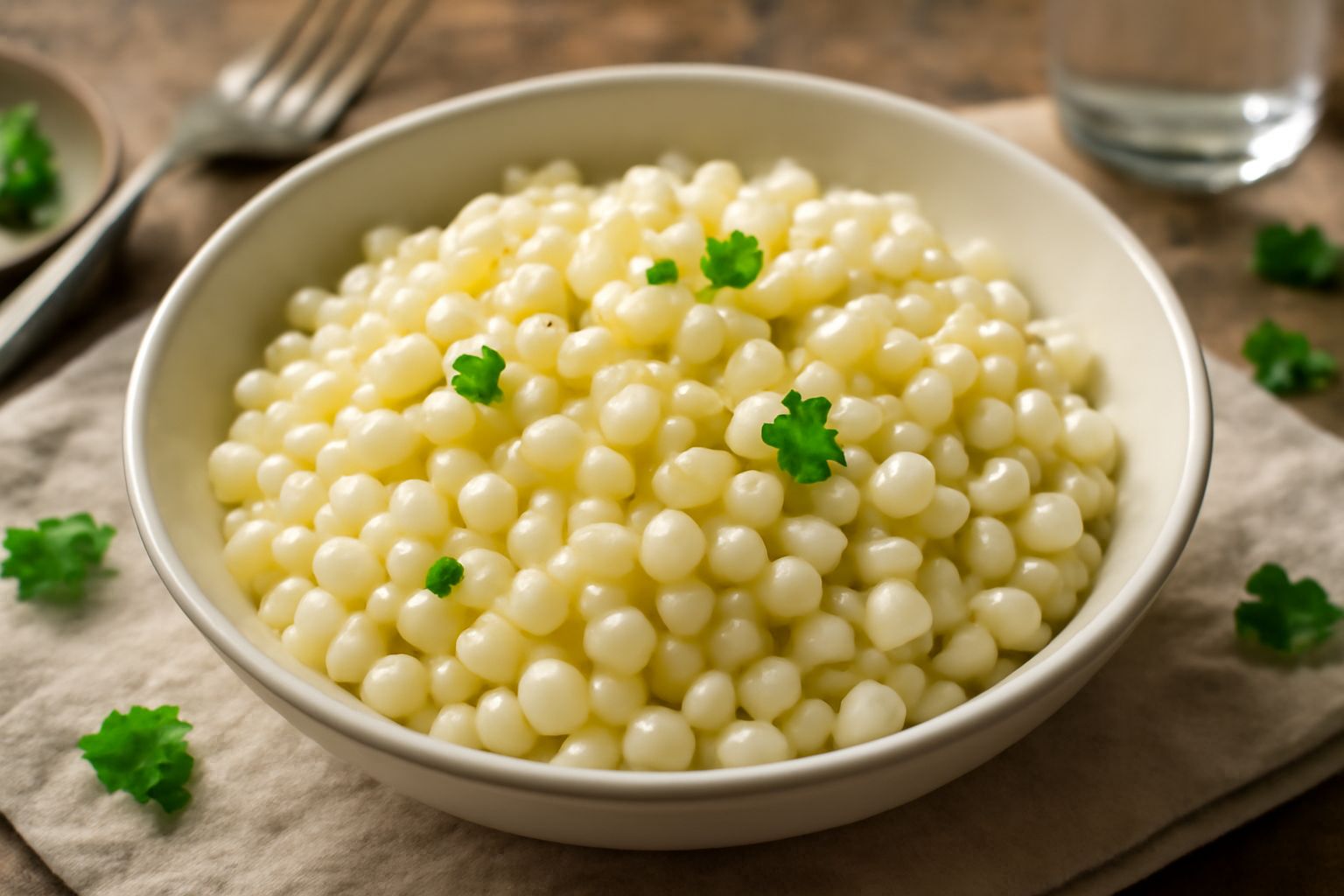 Apriline bianche cotte in una ciotola bianca, sormontate da filo d'olio d'oliva dorato e prezzemolo fresco verde, su fondo bianco