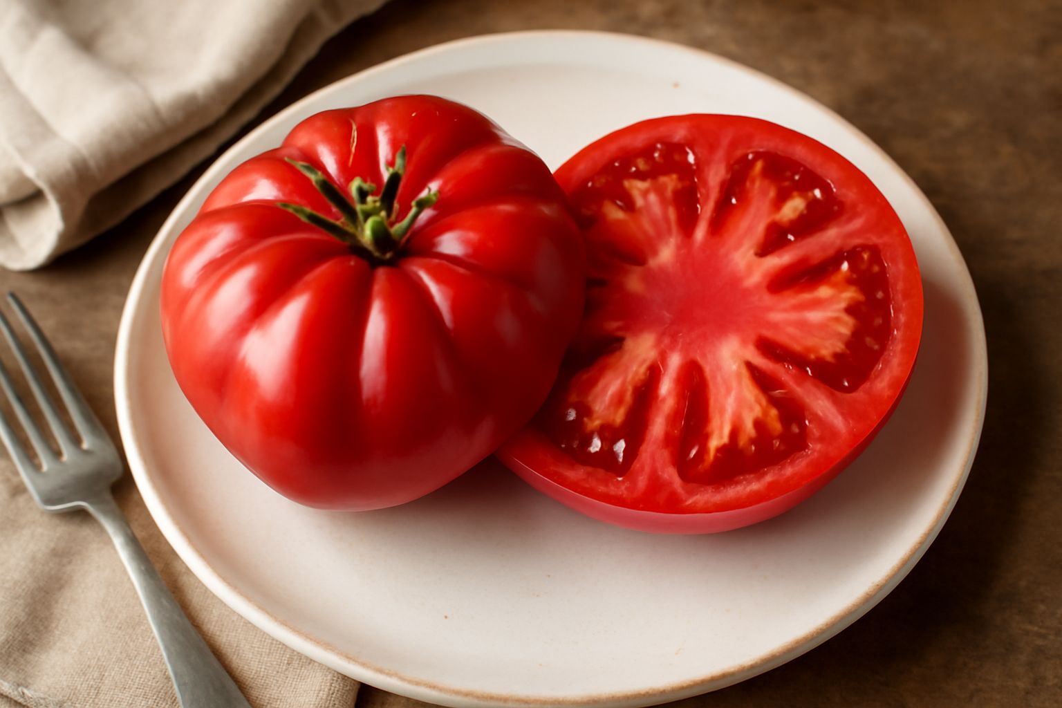 Tre pomodori aprilia rosso interi e uno tagliato a metà su un piatto bianco, con semi e succo visibili, accanto a foglie di basilico fresco