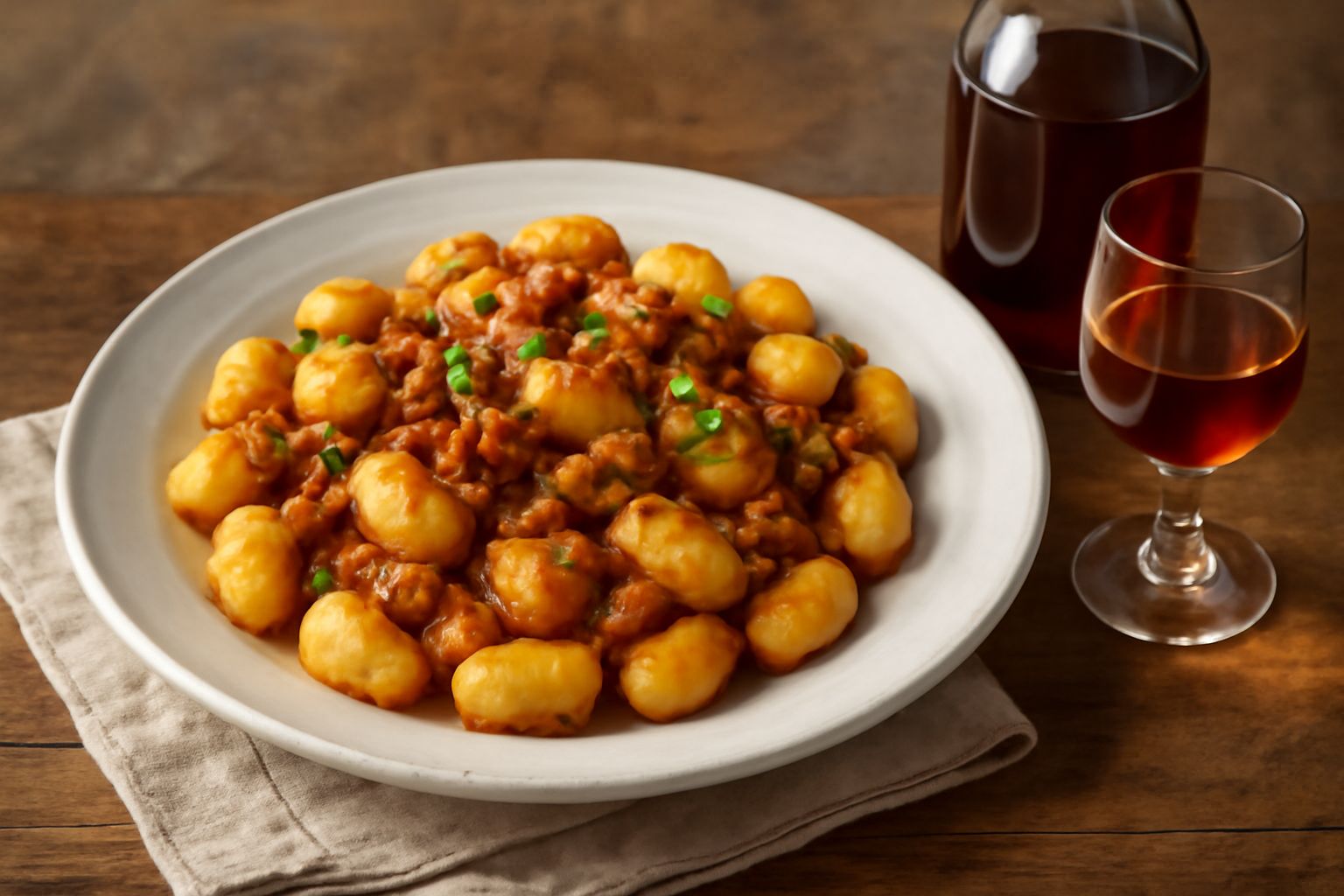 Bottiglia di vetro scuro con aquavite dorata trasparente, erbe aromatiche fresche e frutti secchi sparsi intorno su un tavolo di legno naturale