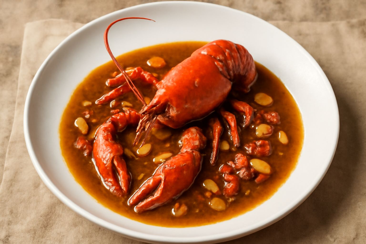 Aragosta intera color rosso arancio in un piatto fondo di ceramica, circondata da salsa marrone scuro con pezzetti di pomodoro e mandorle tostate sparse, accompagnata da fette di pane tostato ai lati