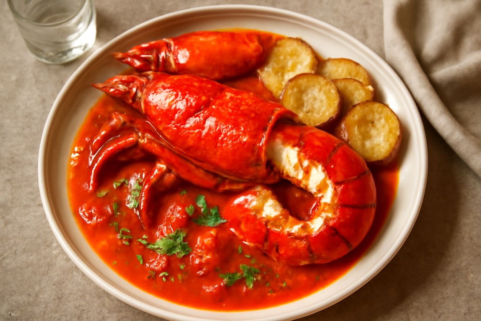 Aragosta rossa cotta a pezzi in un piatto bianco, con sugo rosso di pomodoro, prezzemolo tritato, contorno di salsa umida, vapore caldo