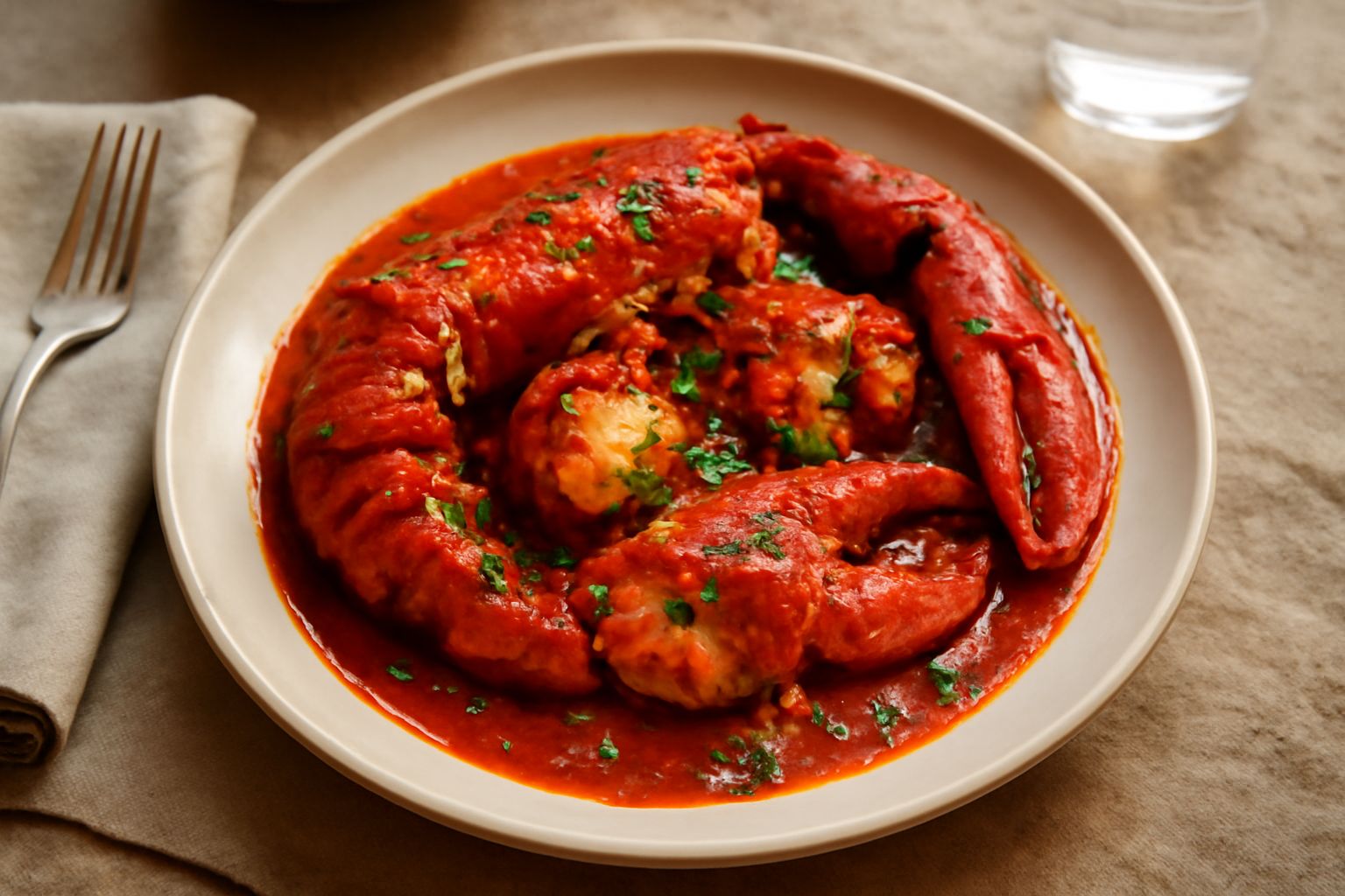 Aragosta rossa cotta in un piatto bianco con salsa di pomodoro rosso vivo, pezzi di aragosta visibili e prezzemolo verde fresco spolverato, accompagnata da fette di pane tostato ai bordi del piatto