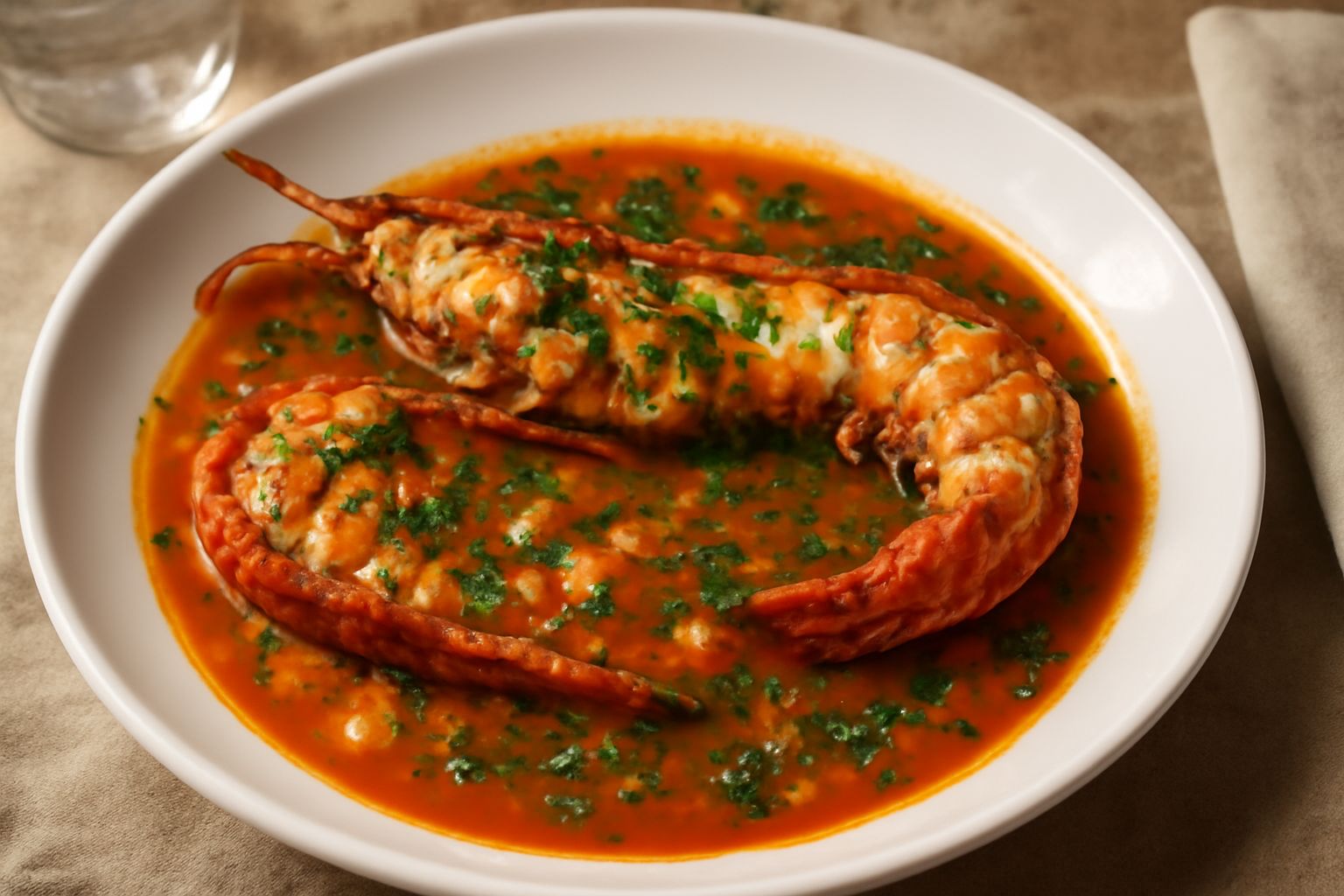 Aragosta intera cotta in salsa di pomodoro rosso brillante, adagiata nel piatto bianco con prezzemolo fresco, spicchi di aglio e olio d'oliva dorato