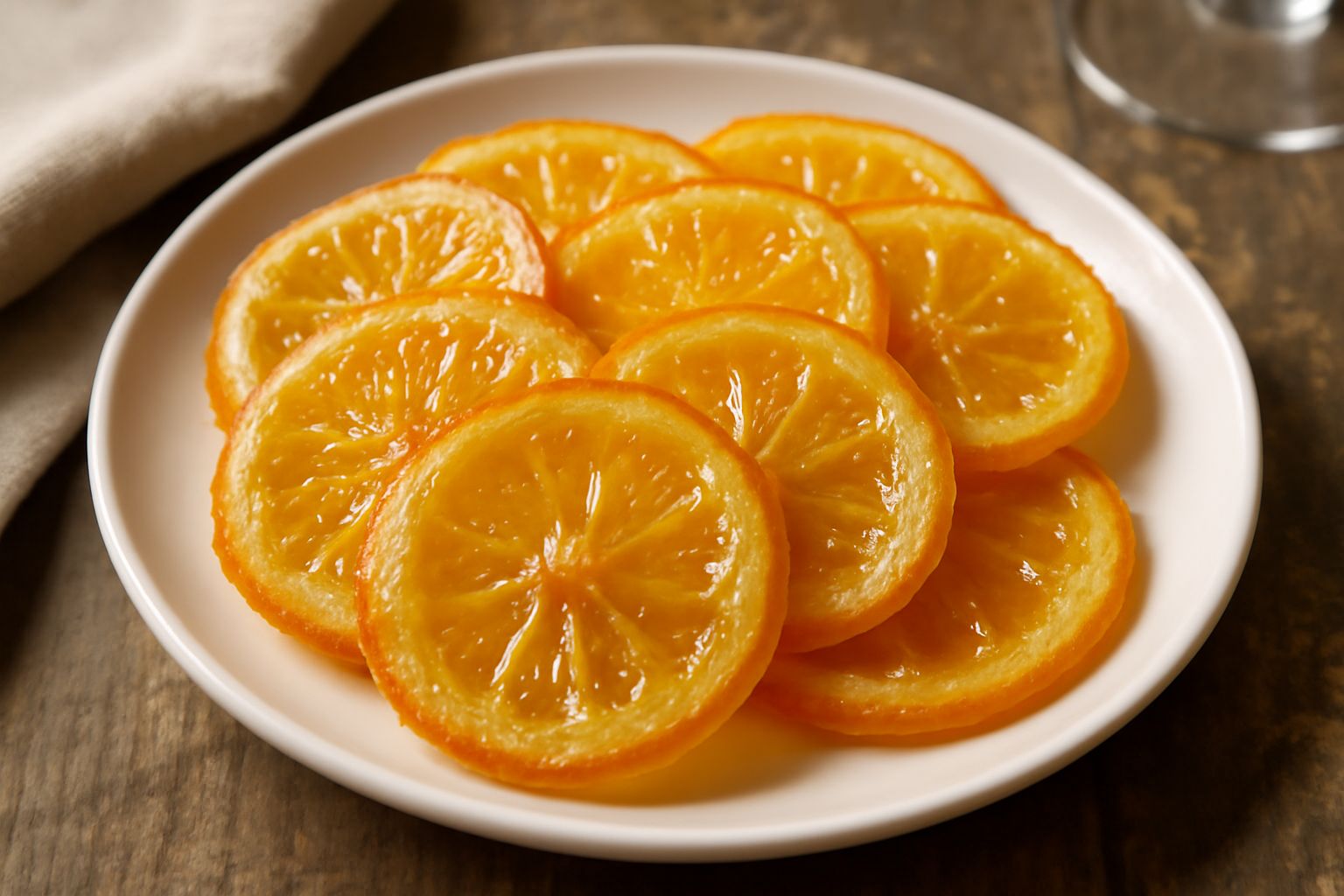 Fette di arancia candita disposte su carta pergamena bianca, con buccia trasparente e lucida dal colore giallo-arancione, superficie cristallizzata, circondate da zucchero semolato