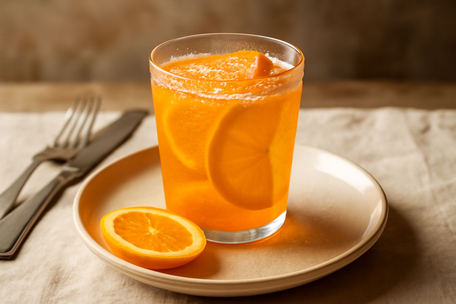 Bicchiere di aranciata calabrese color arancio chiaro, ghiacciato, con fette di arancia fresca dentro e condensazione sulla superficie del bicchiere, sfondo rustico