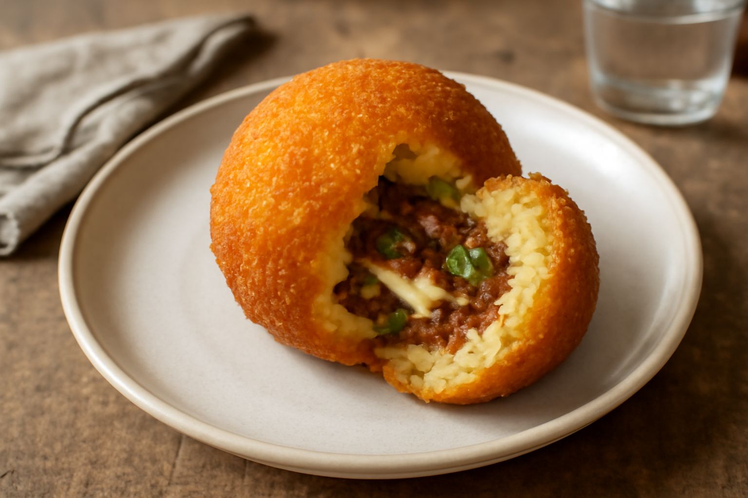 Tre arancine dorate e croccanti tagliate a metà su un piatto bianco, con il ripieno visibile di ragù marrone, mozzarella bianca filante e piselli verdi; sfondo neutro