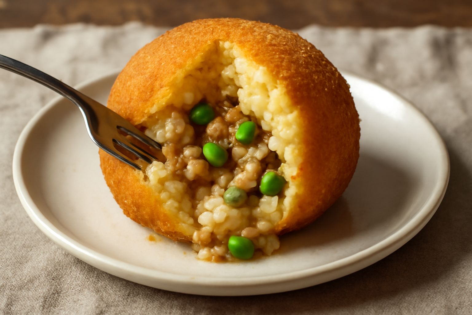 Arancina dorata e tonda tagliata a metà, con il ripieno cremoso di ragù, piselli verdi e burro fuso visibile nell'interno, su un piatto bianco con guarnizione di prezzemolo fresco