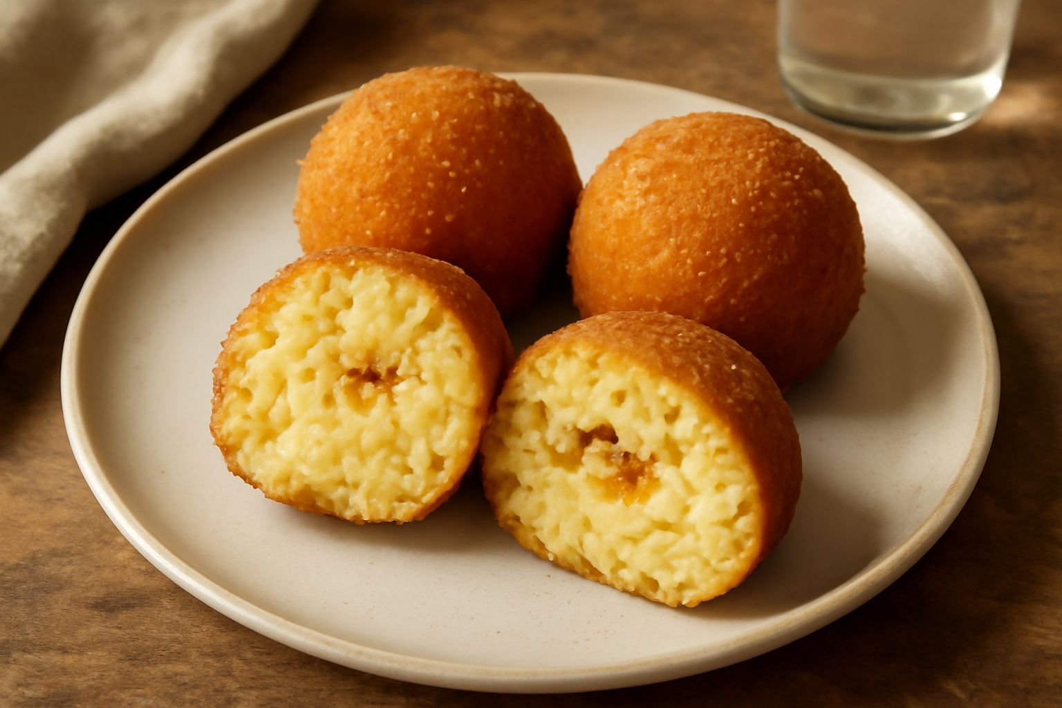 Tre arancine di burro dorate e croccanti disposte su carta pergamena bianca, tagliate a metà per mostrare l'interno cremoso giallognolo con ragù leggero, accompagnate da limone fresco