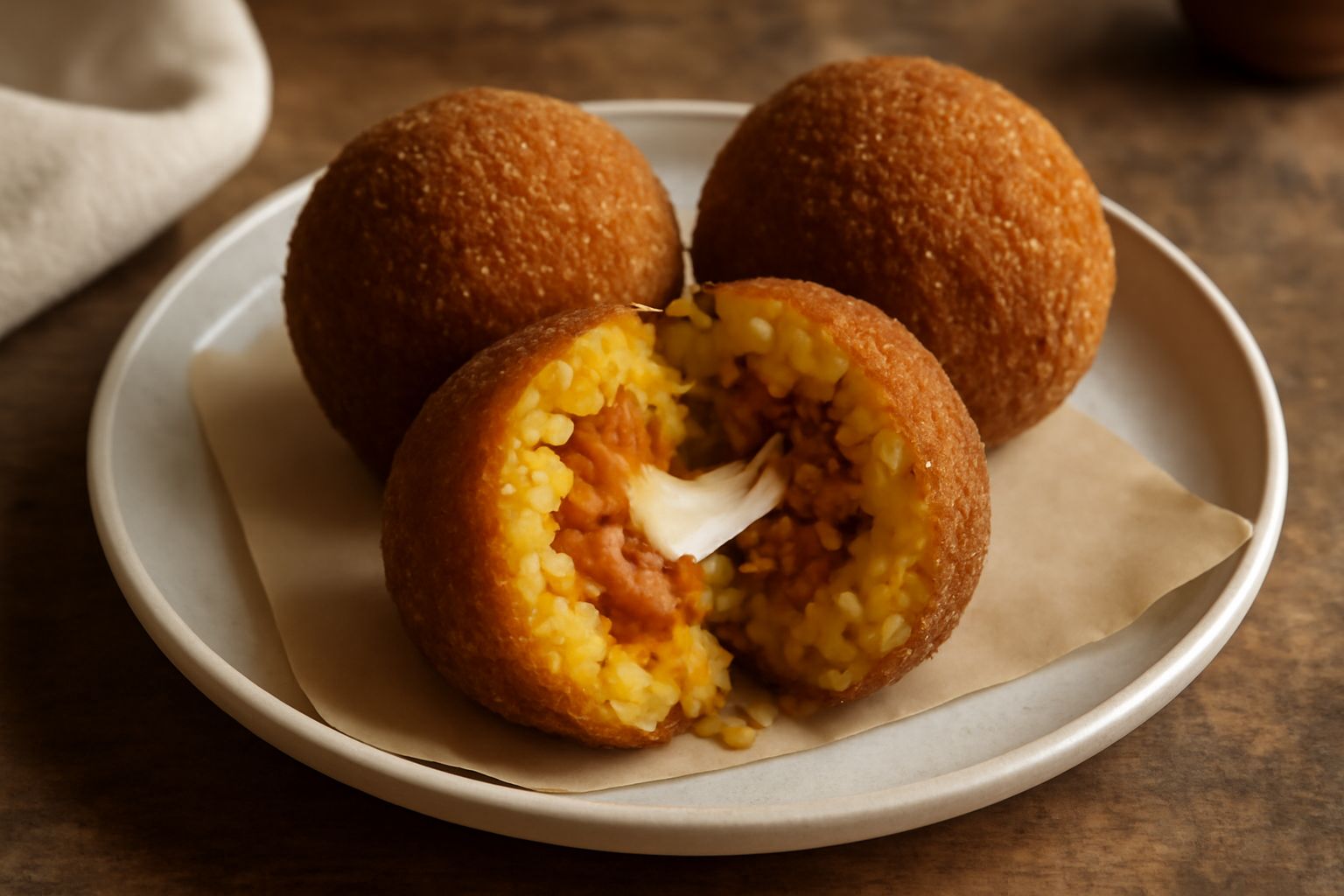 Quattro arancini dorati e croccanti disposti su un piatto bianco, tagliati a metà per mostrare il riso cremoso, il ragù e la mozzarella filante al centro