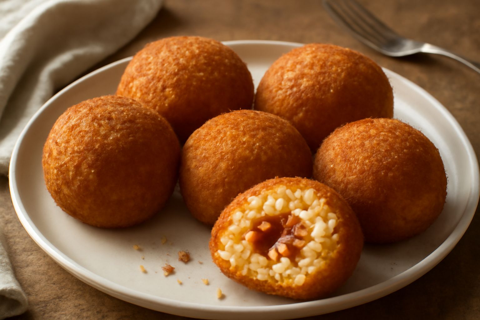 Tre arancini abruzzesi dorati e croccanti tagliati a metà su un piatto bianco, che mostrano il ripieno di ragù marrone e fili di mozzarella filante, guarniti con prezzemolo fresco