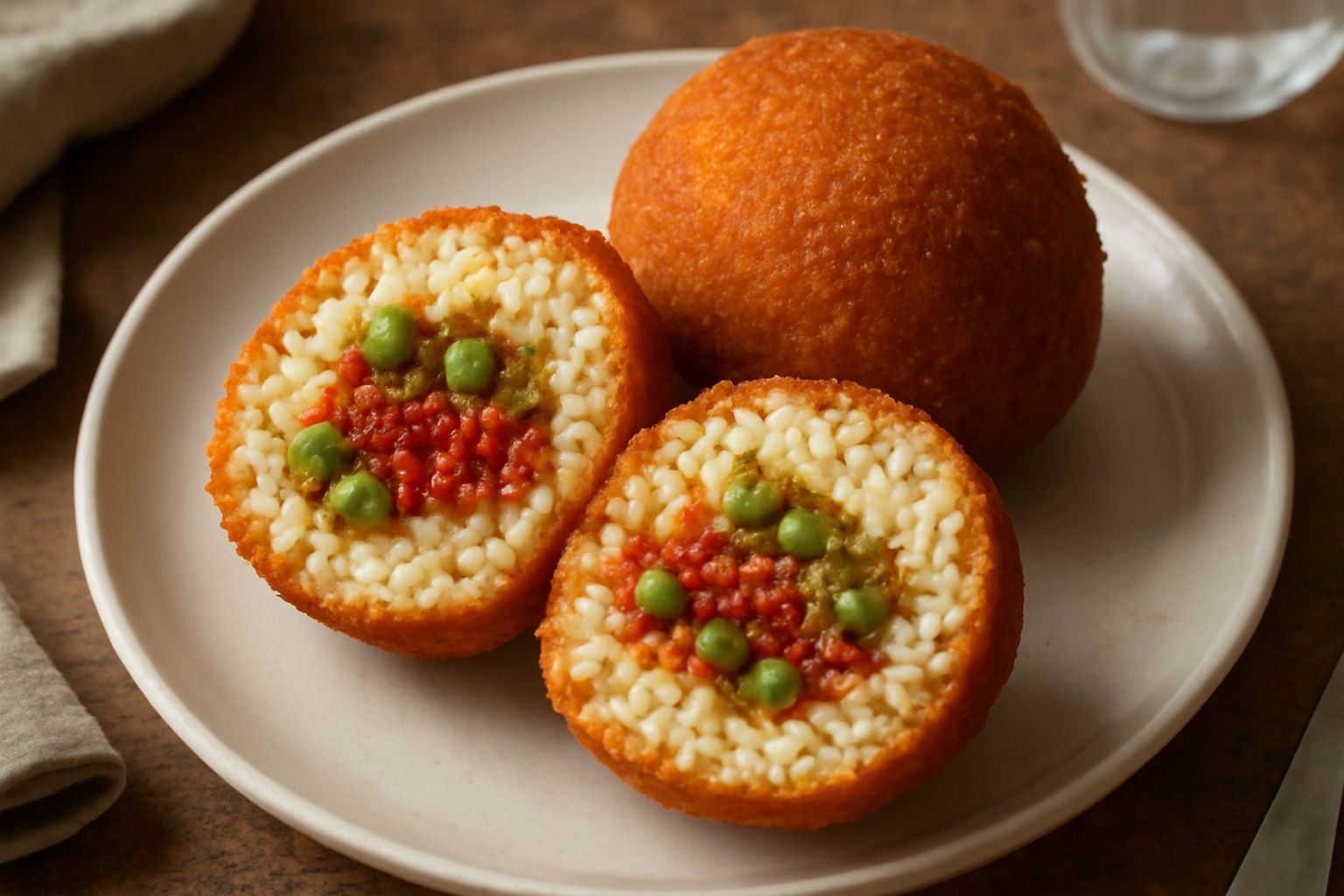 Tre arancini alla trapanese fritti, dorati e croccanti, disposti su carta bianca, con interno visibile di riso giallo, ragù marrone e pesto verde, serviti caldi