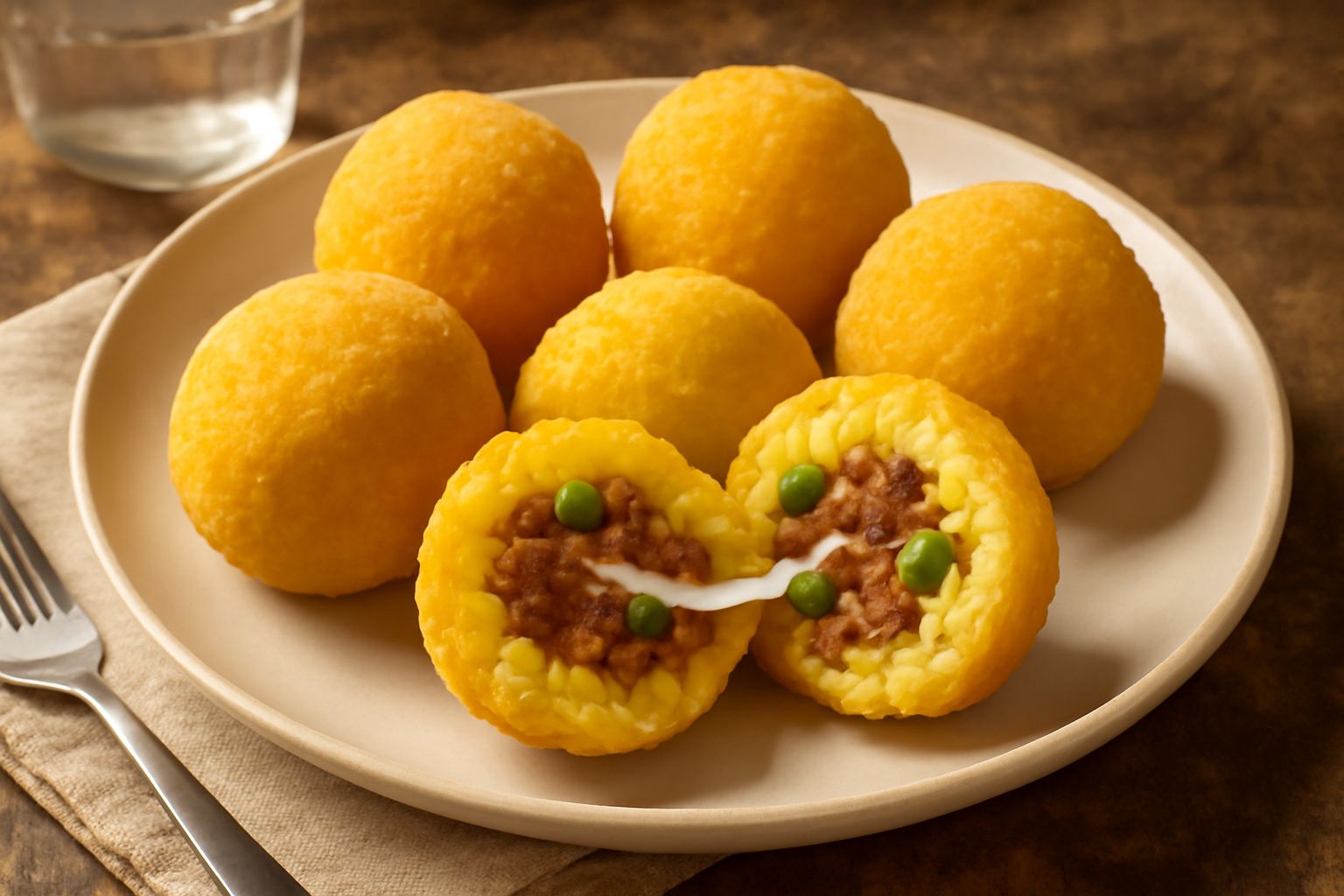 Arancini ascolani dorati e croccanti, appena fritti, impilati su un piatto bianco con una ciotola di salsa di pomodoro di contorno