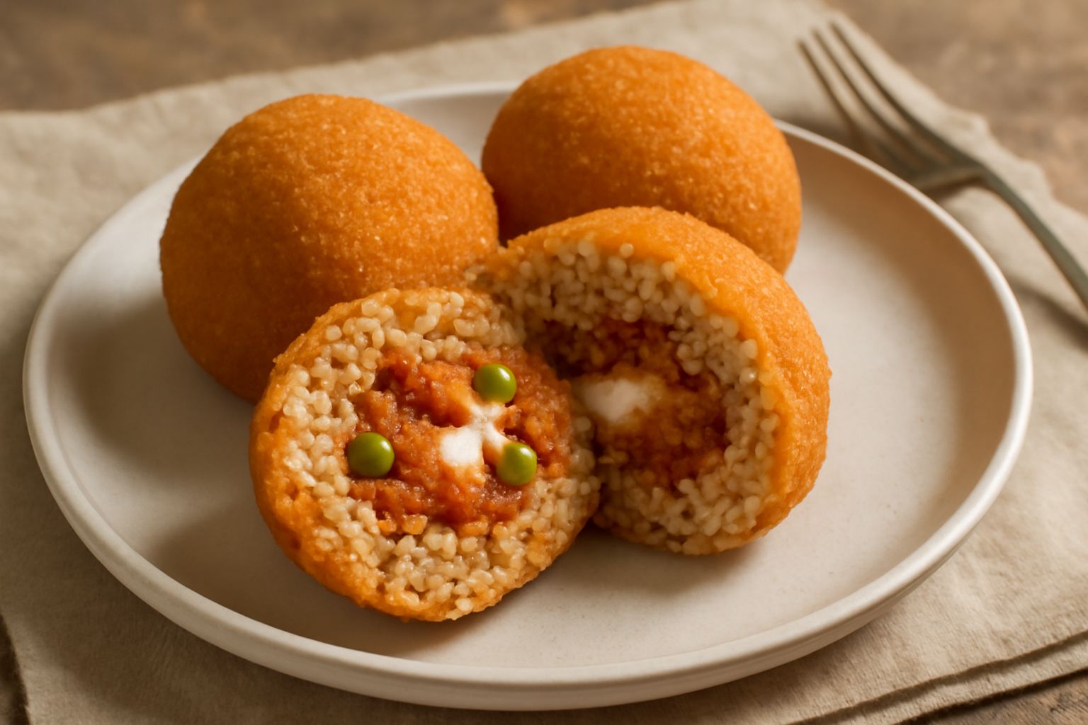 Due arancini bergamaschi tagliati a metà su un piatto bianco, con il ripieno di ragù rosso e piselli verdi visibile all'interno, la panatura dorata e croccante, serviti con sugo di pomodoro sul bordo