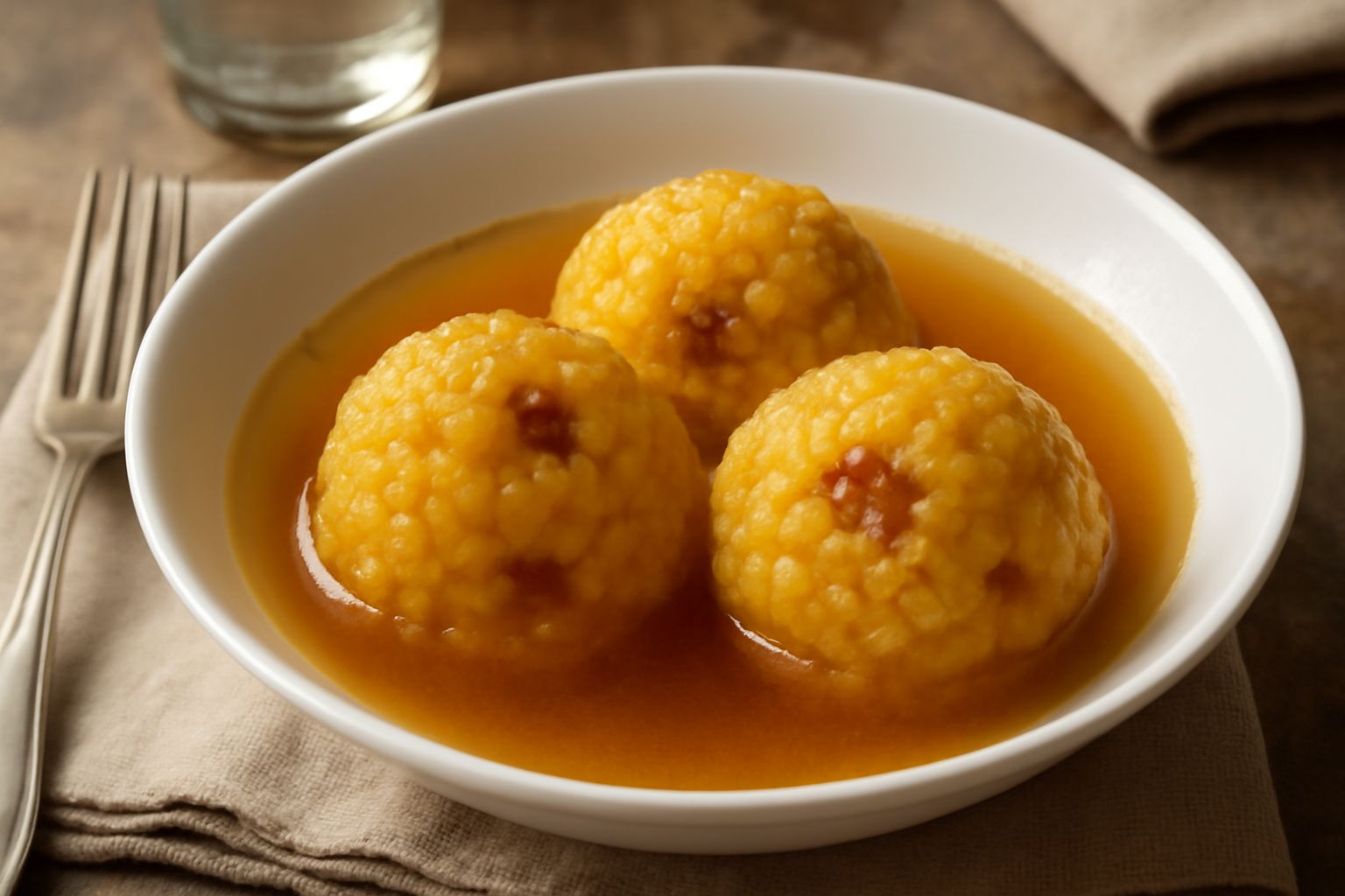 Ciotola con brodo caldo, tre arancini gialli morbidi galleggianti in superficie, spruzzati di prezzemolo fresco, con un piatto bianco e un cucchiaio accanto