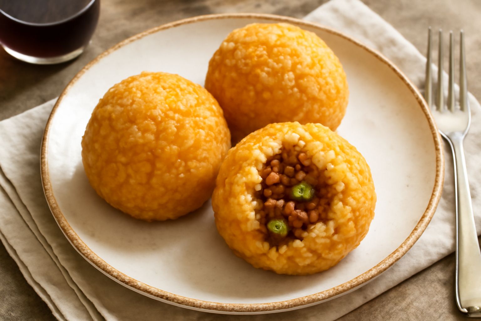 Cinque arancini calabresi dorati e croccanti disposti su un piatto bianco, con leggere righe verticali sulla superficie, fumanti, con ragù visibile dalla frattura dove è stato tagliato uno, contorno d