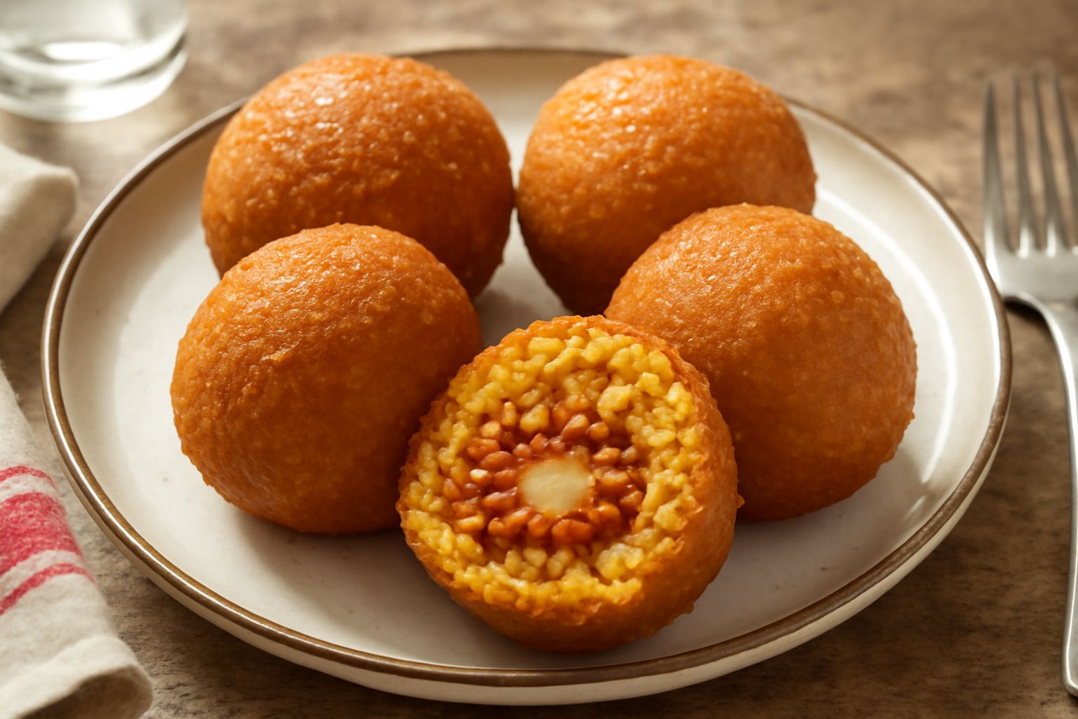 Quattro arancini dorati e croccanti disposti in una ciotola di vetro trasparente, ripresi dall'alto con sfondo neutro grigio