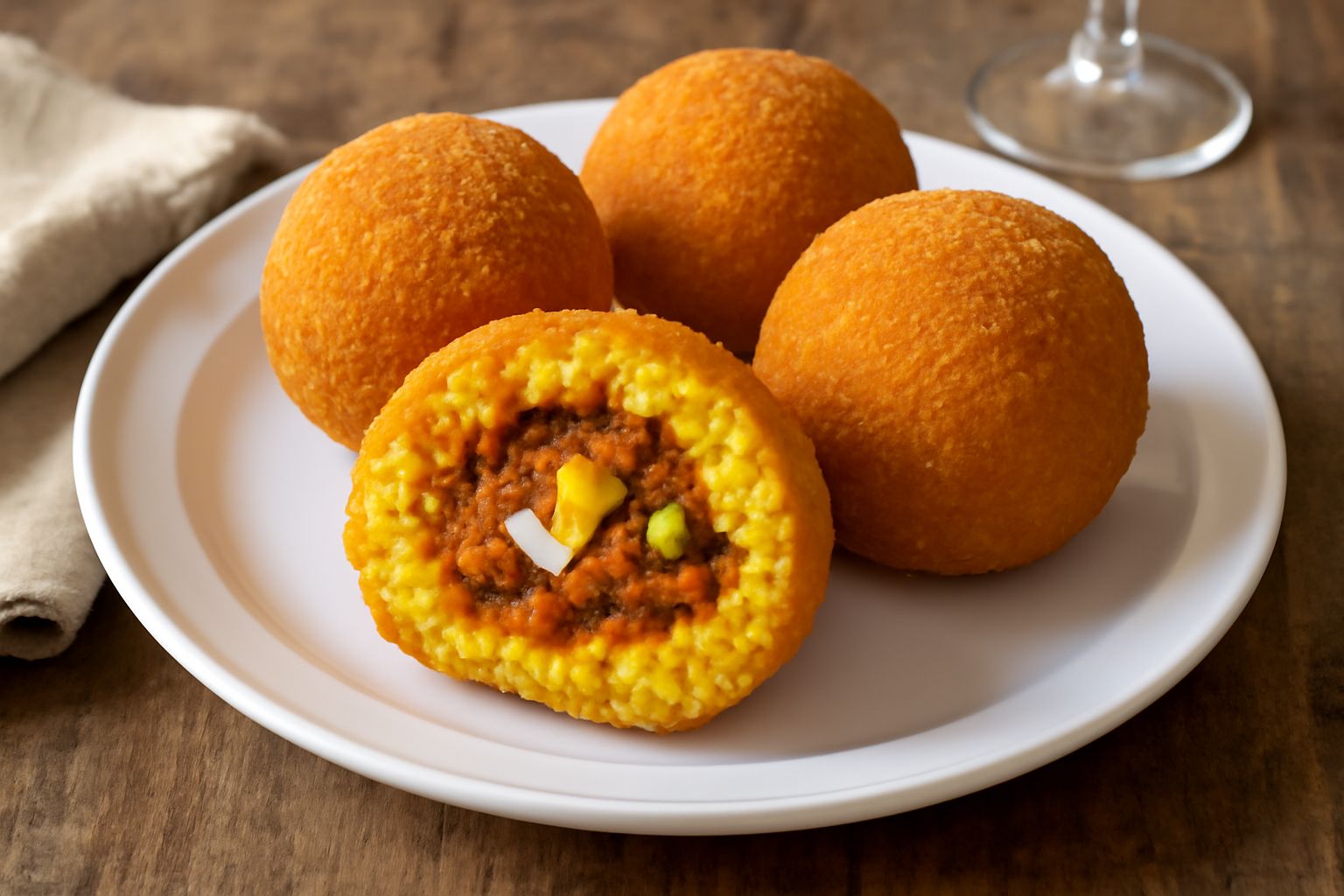 Tre arancini cu' la ragù dorati e croccanti in primo piano, tagliato uno a metà per mostrare il riso giallo e il ragù di carne al centro, disposti su un piatto bianco con una forchetta piccola