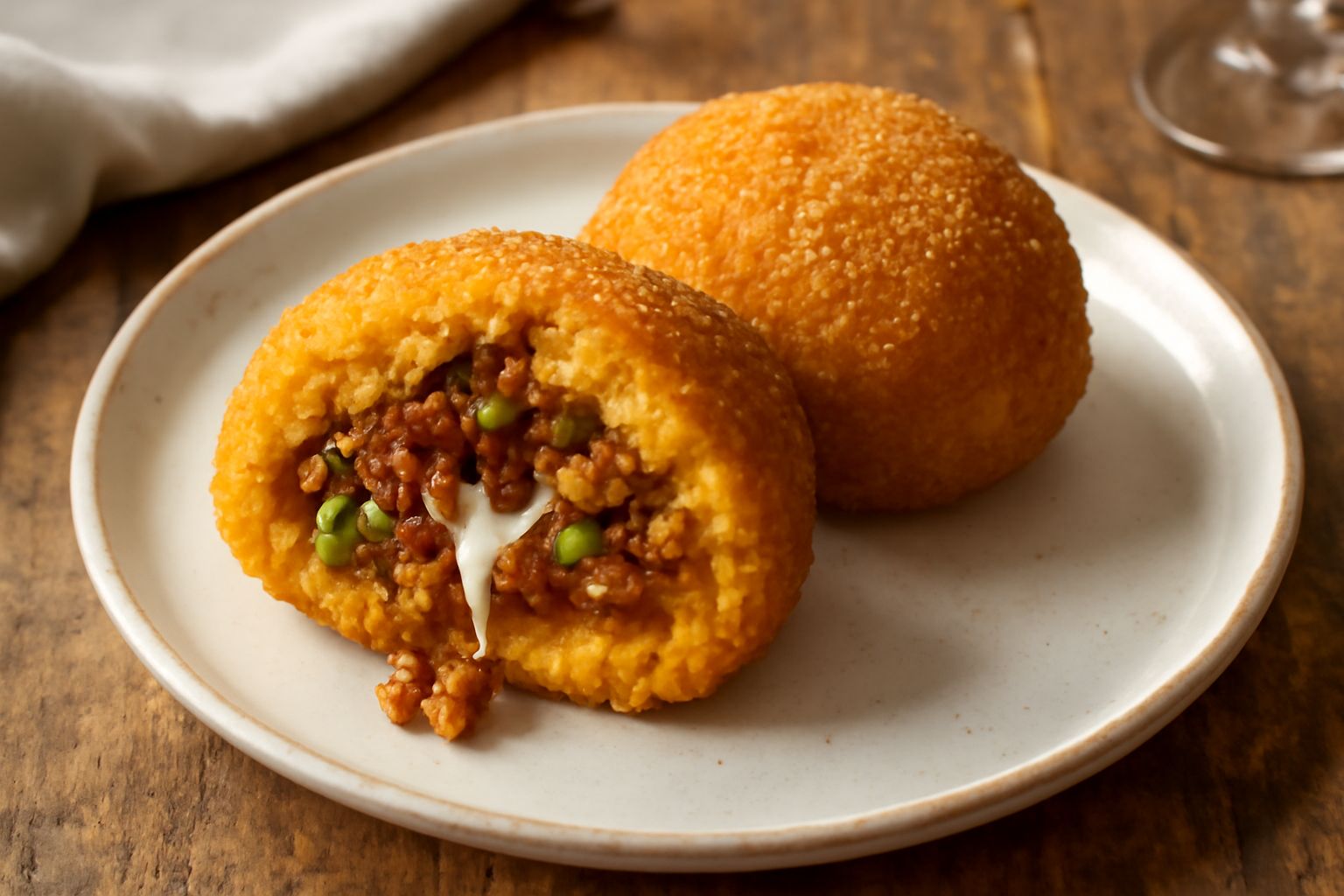 Tre arancini di forma ovale, dorati e croccanti, spezzati nel mezzo per mostrare il ripieno di ragù marrone, piselli verdi e mozzarella filante; serviti su piatto bianco