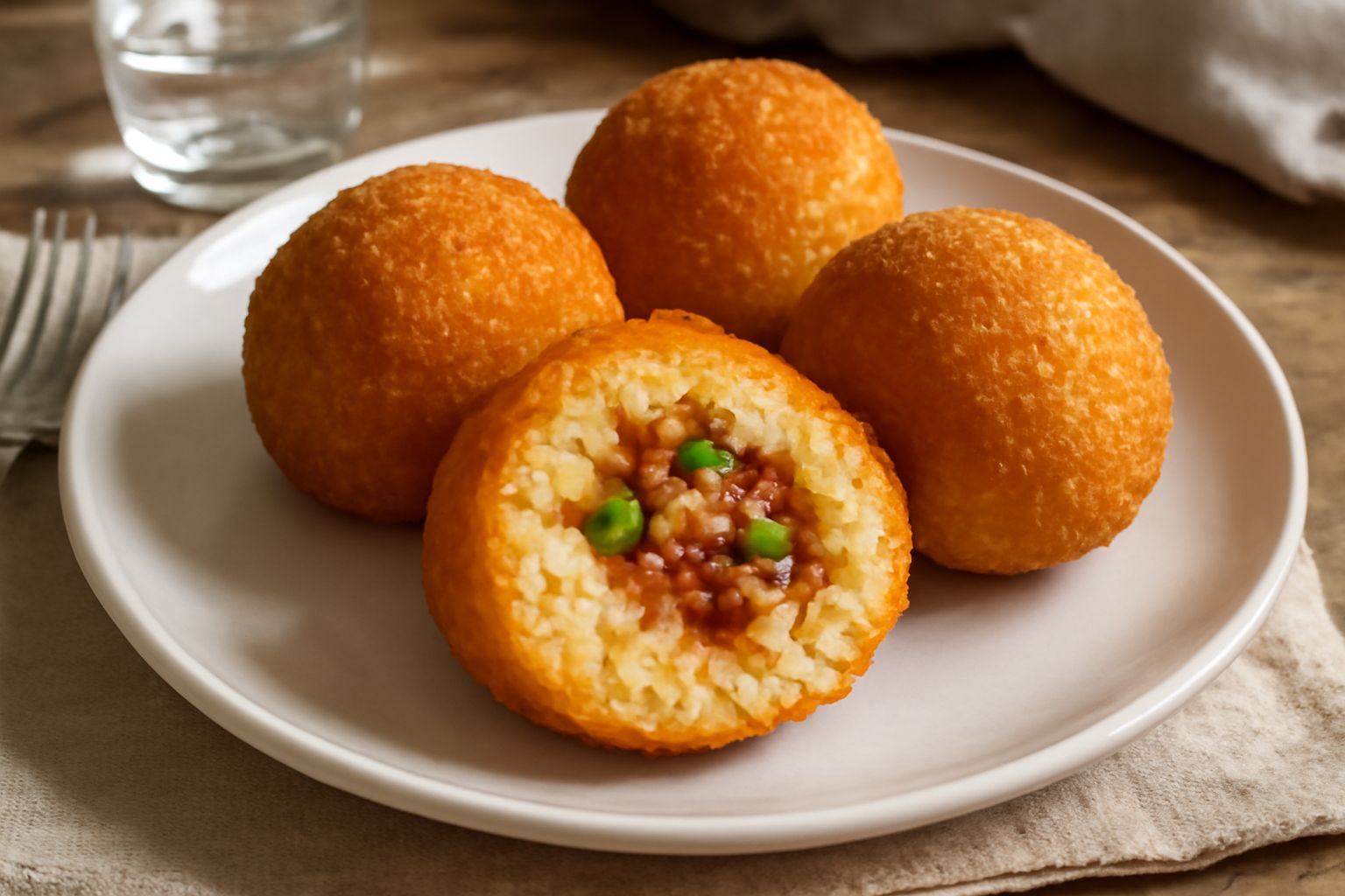 Arancini dorati e tondi disposti su un piatto bianco, con superficie croccante visibile, tagliati a metà per mostrare il ripieno di ragù e piselli, spruzzati di sesamo bianco, accompagnati da limone f