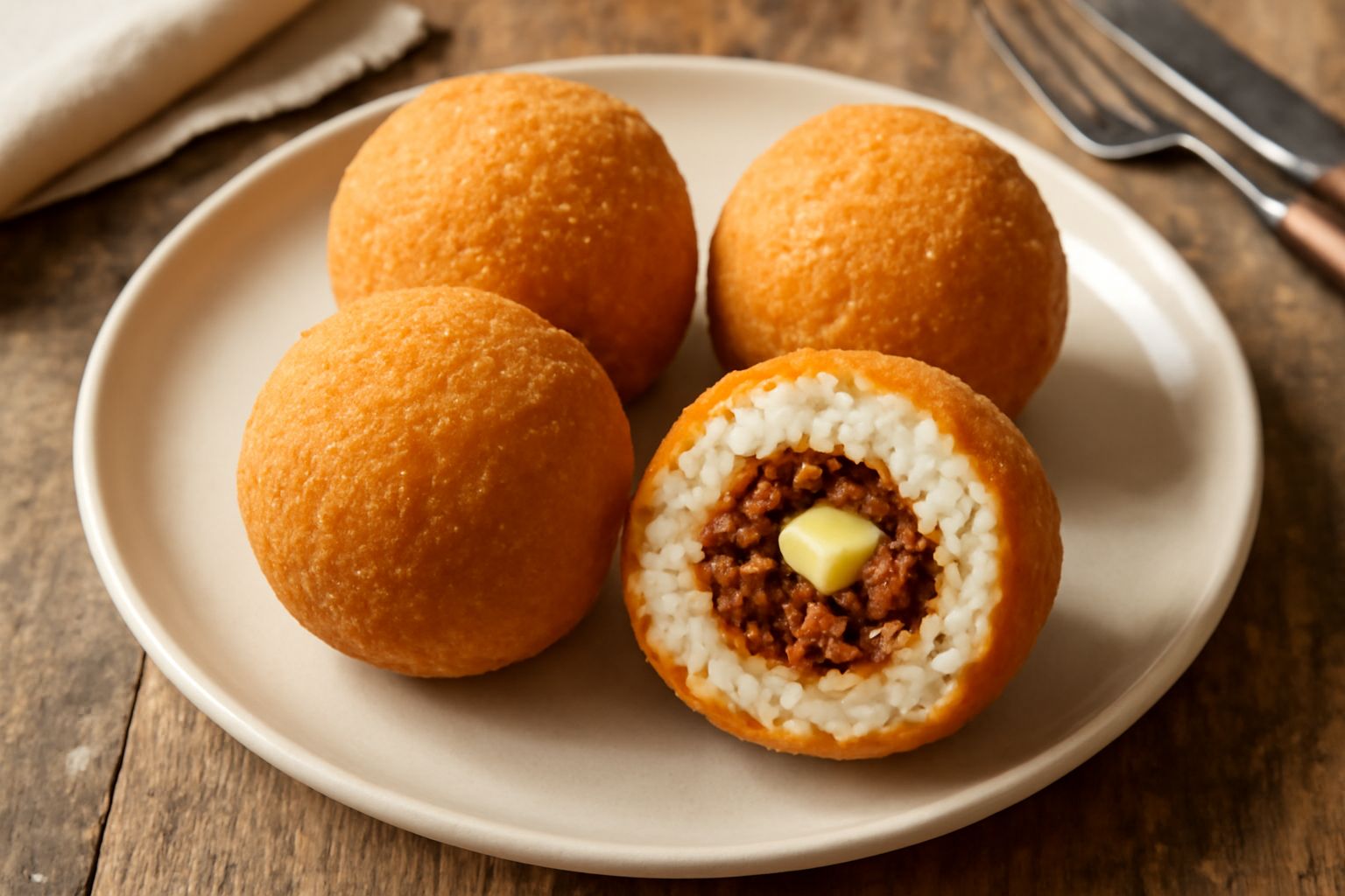 Tre arancini di burro dorati e croccanti disposti su un piatto bianco, tagliato a metà per mostrare il ripieno di ragù e burro, guarniti con prezzemolo fresco