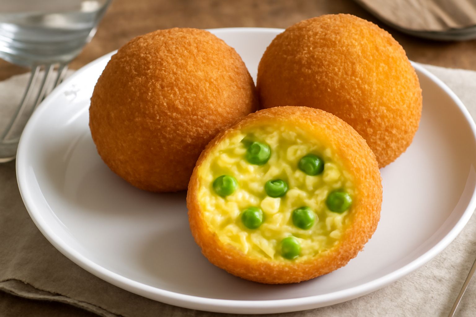Tre arancini dorati a forma di palla su un piatto bianco, con tre piselli verdi sparsi intorno. Uno è tagliato a metà per mostrare il ripieno cremoso giallo e i piselli all'interno. Superficie della p