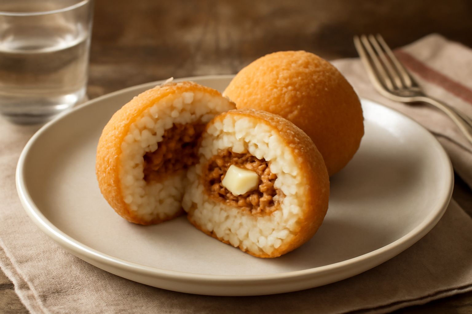 Tre arancini dorati e croccanti tagliati a metà su un piatto bianco, che mostra il ripieno interno di ragù marrone, riso cremoso e un pezzetto di burro giallo visibile.