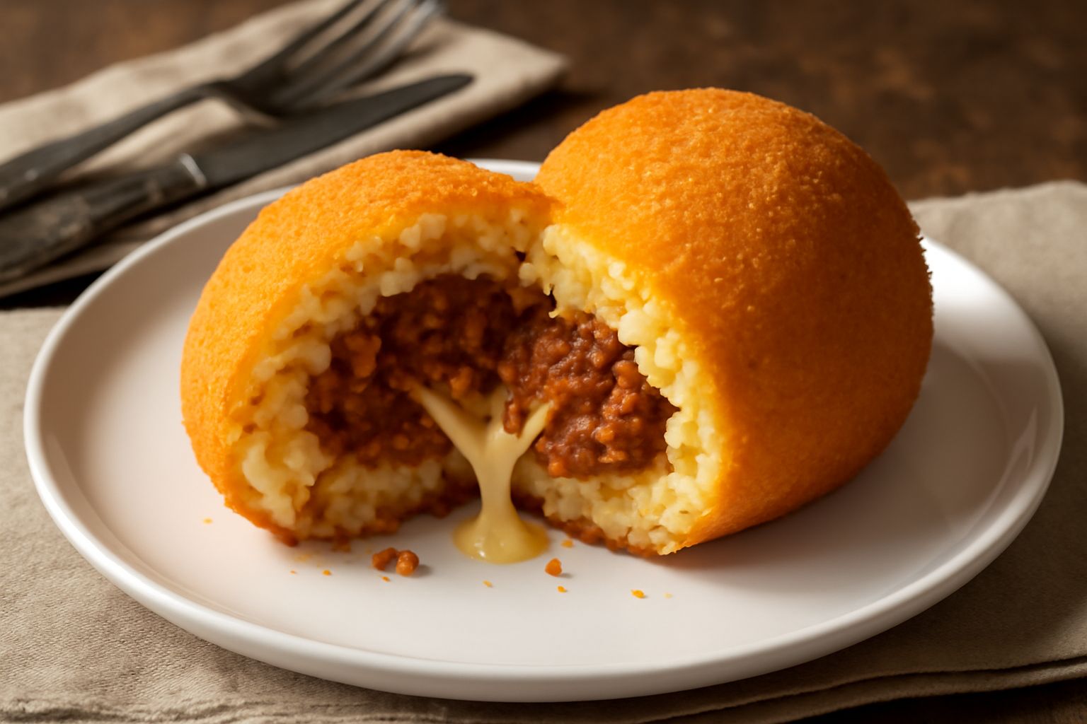 Tre arancini di carne dorati e croccanti su un piatto bianco, tagliati a metà per mostrare il ripieno di ragù e formaggio ancora caldo, serviti con limone fresco