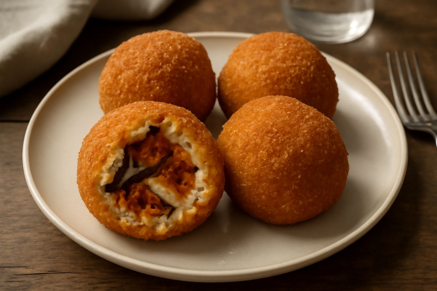 Quattro arancini di melanzana dorati e croccanti disposti su un piatto bianco, tagliato uno a metà per mostrare il ripieno con melanzane e riso cremoso