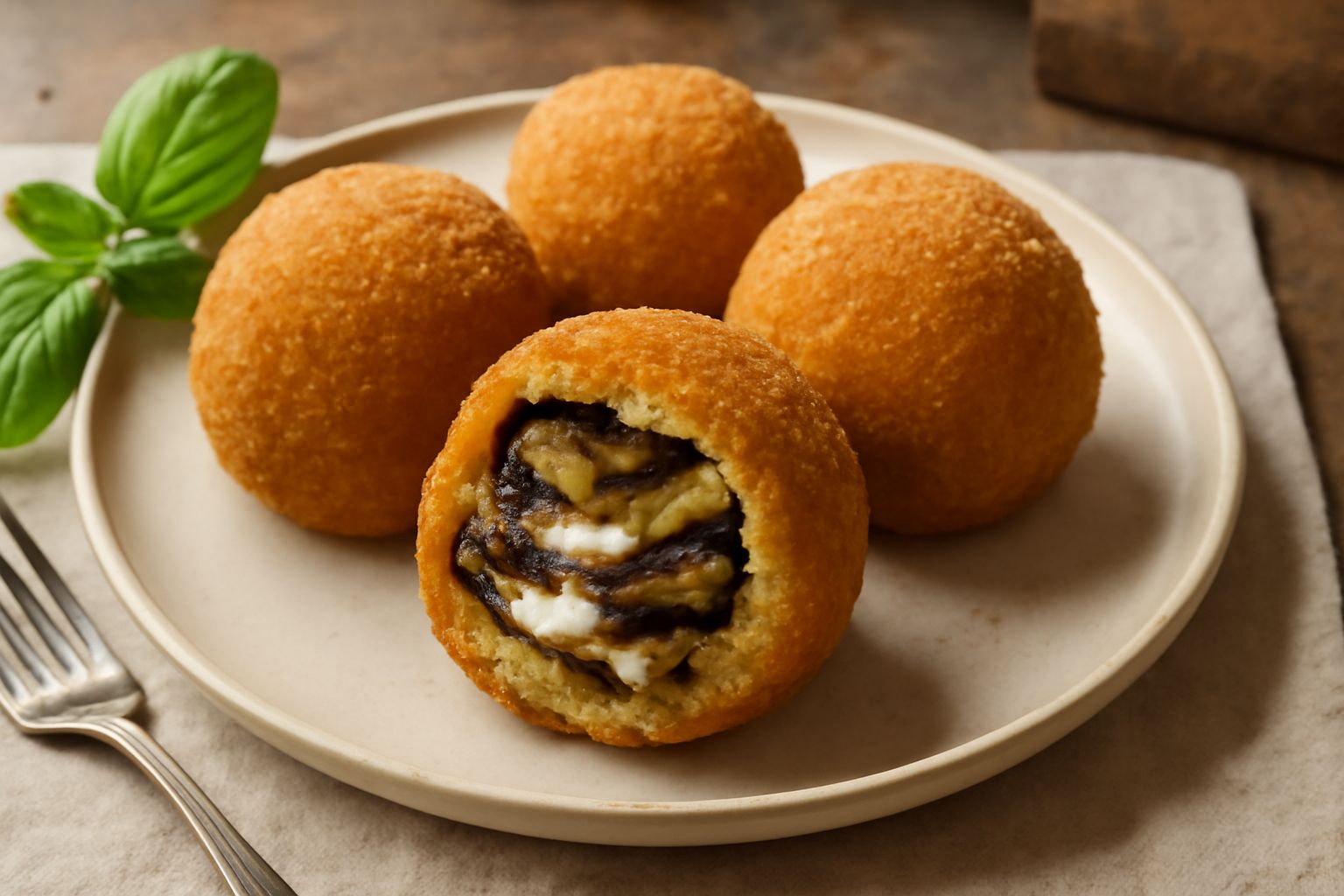Tre arancini di melanzane tondi, dorati e croccanti, disposti su un piatto bianco con contorno di pomodori freschi e basilico verde