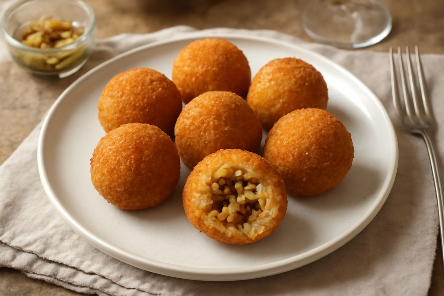 Tre arancini di melanzane sott'olio posizionati su un piatto bianco, sferici, dorati e croccanti, leggermente spezzati da un lato per mostrare il ripieno di melanzana morbida grigio-violastra