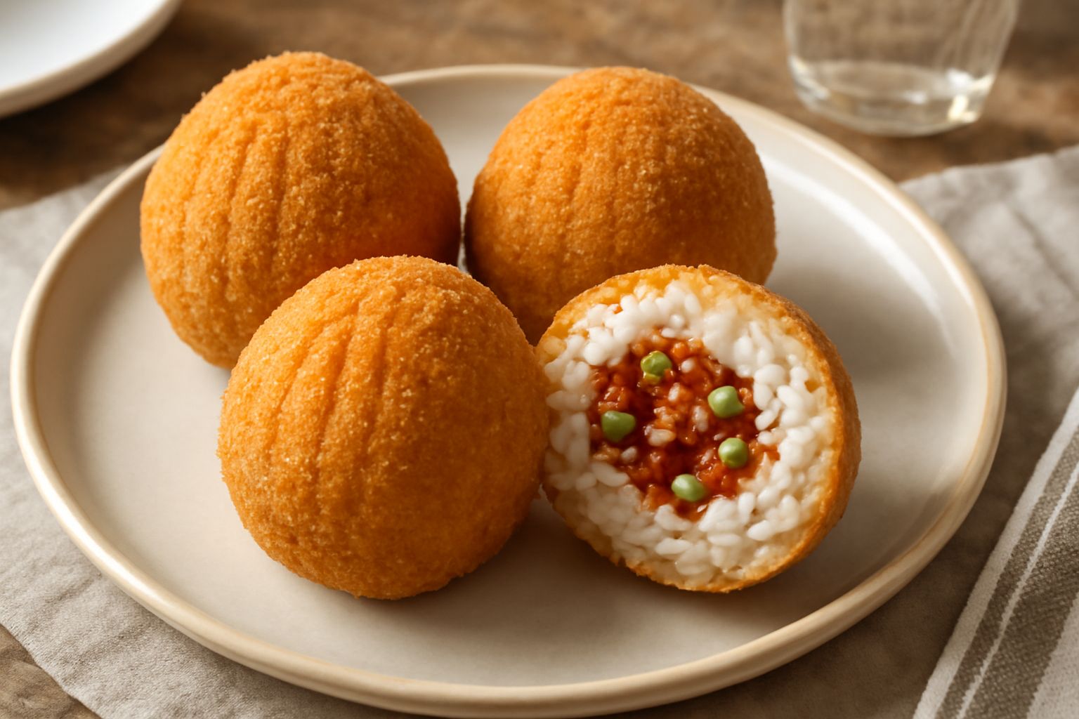 Tre arancini dorati a forma sferica con righe verticali evidenti, disposti su un piatto bianco con carta assorbente, vapore leggero ancora visibile
