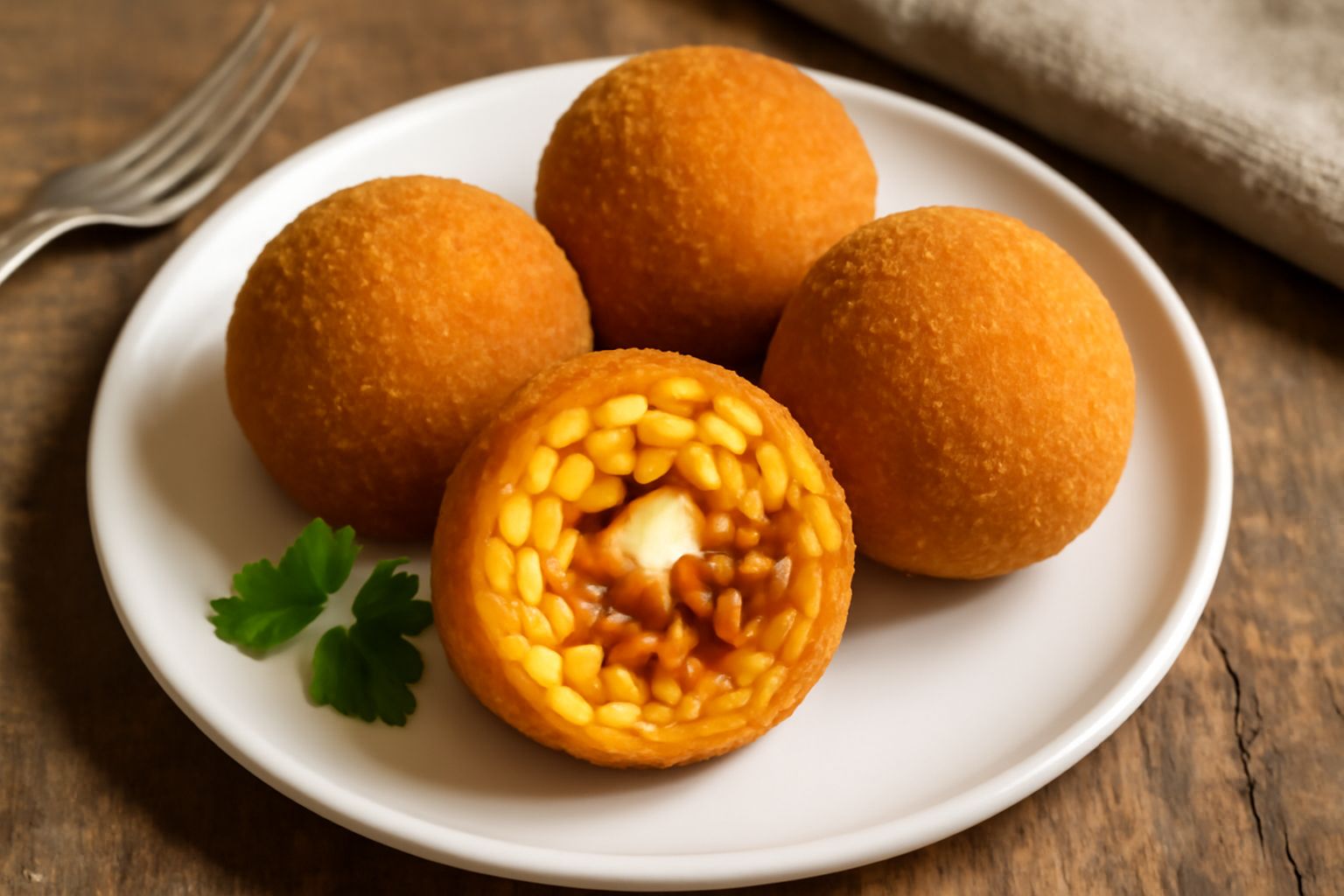 Tre arancini di pasta dorati e croccanti, sfere tonde, appoggiate su carta bianca, tagliati a metà per mostrare l'interno con ragù e mozzarella filante, con una salsa rossa di accompagnamento nel piat