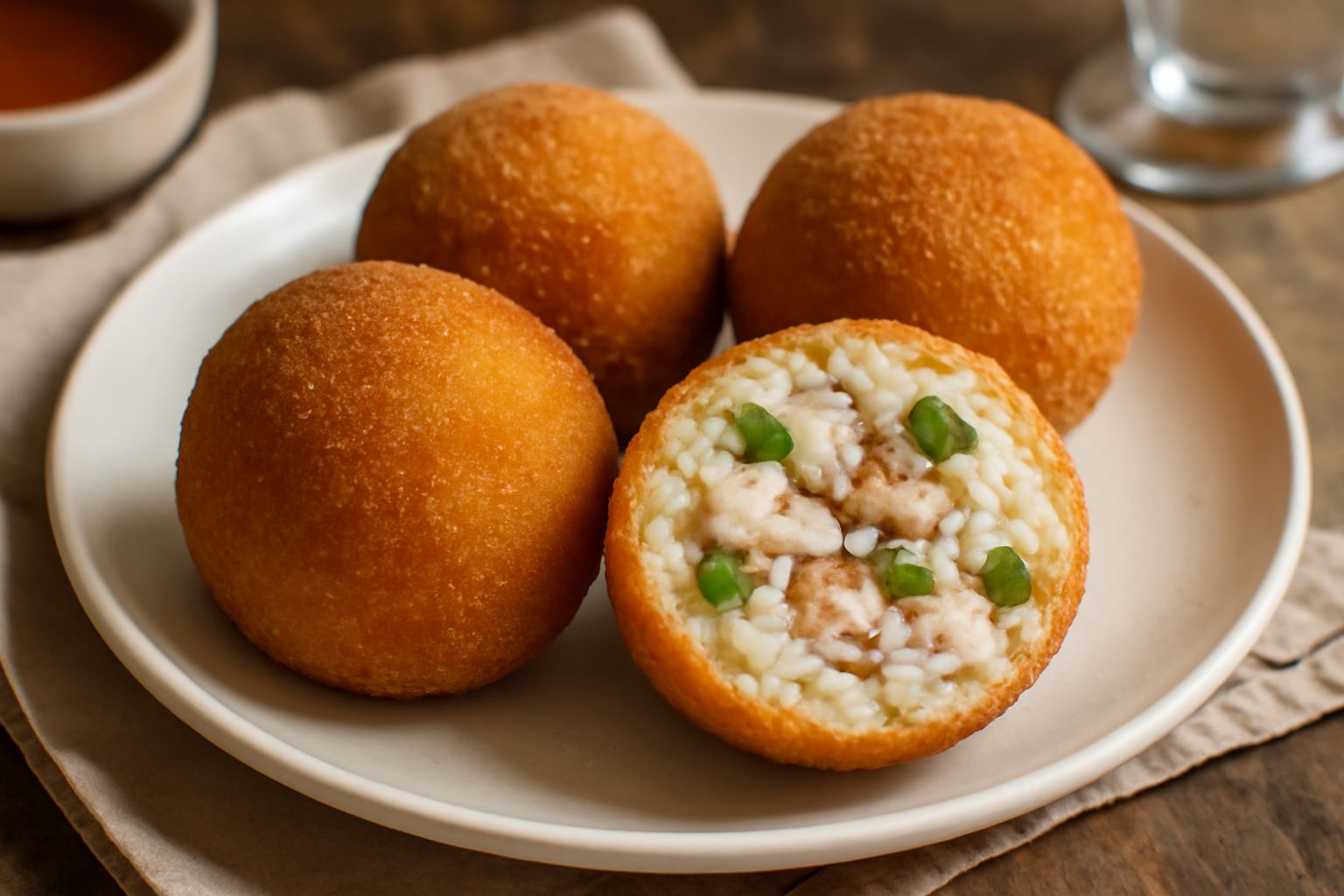 Tre arancini di pesce spada dorati e croccanti su un piatto bianco, tagliato in sezione uno di essi per mostrare il ripieno di riso bianco, pesce spada a pezzi e piselli verdi. Sfondo neutro grigio.