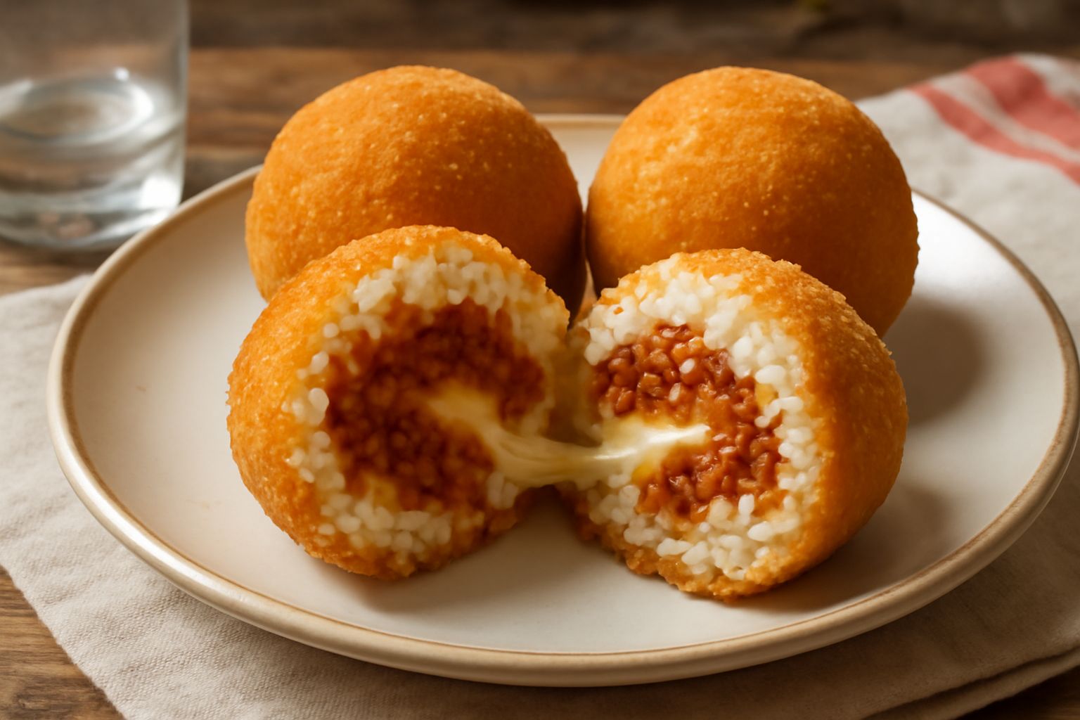 Tre arancini di ragù dorati e croccanti appoggiati su carta bianca, uno tagliato a metà che mostra il ripieno di ragù e formaggio filante all'interno, con una ciotola di ragù sfocata sullo sfondo