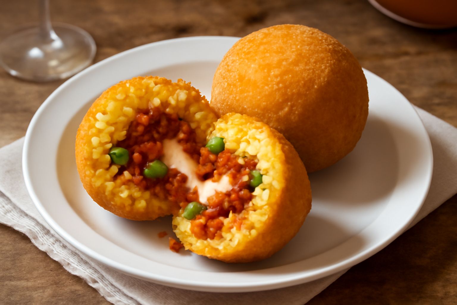 Tre arancini di Ragusa dorati e croccanti tagliati a metà su un piatto bianco, con il ripieno di ragù rosso, piselli verdi e mozzarella filata ben visibile all'interno