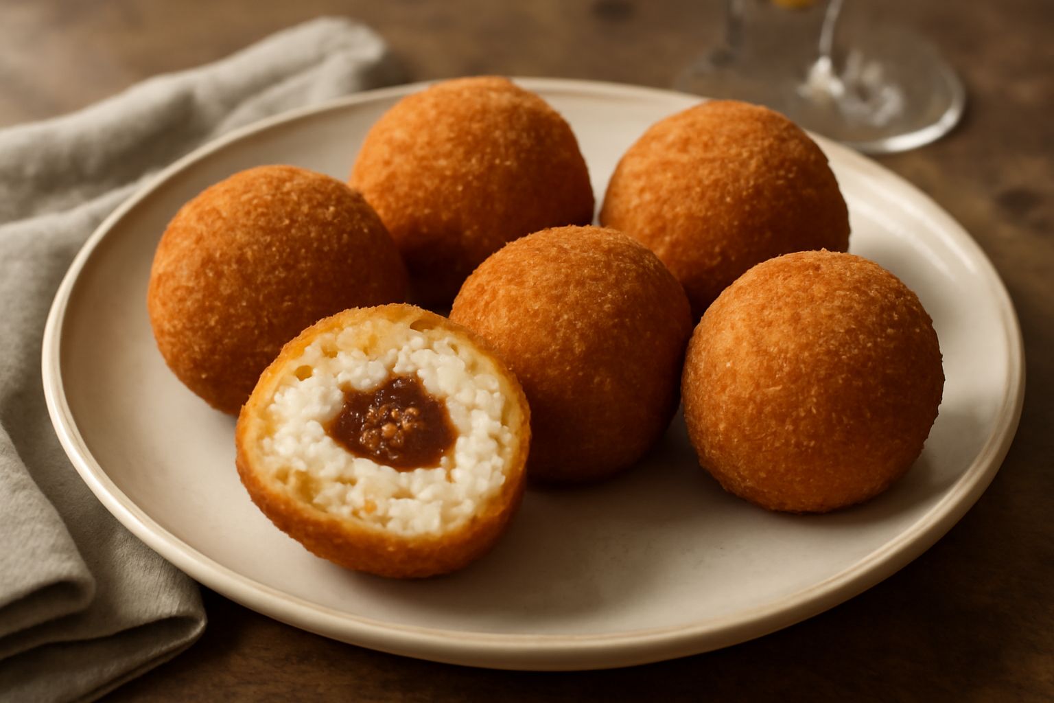 Tre arancini di ricotta dorati e croccanti disposti su un piatto bianco, con spaccatura visibile che mostra il ripieno cremoso di ricotta e ragù marrone, guarniti con basilico fresco