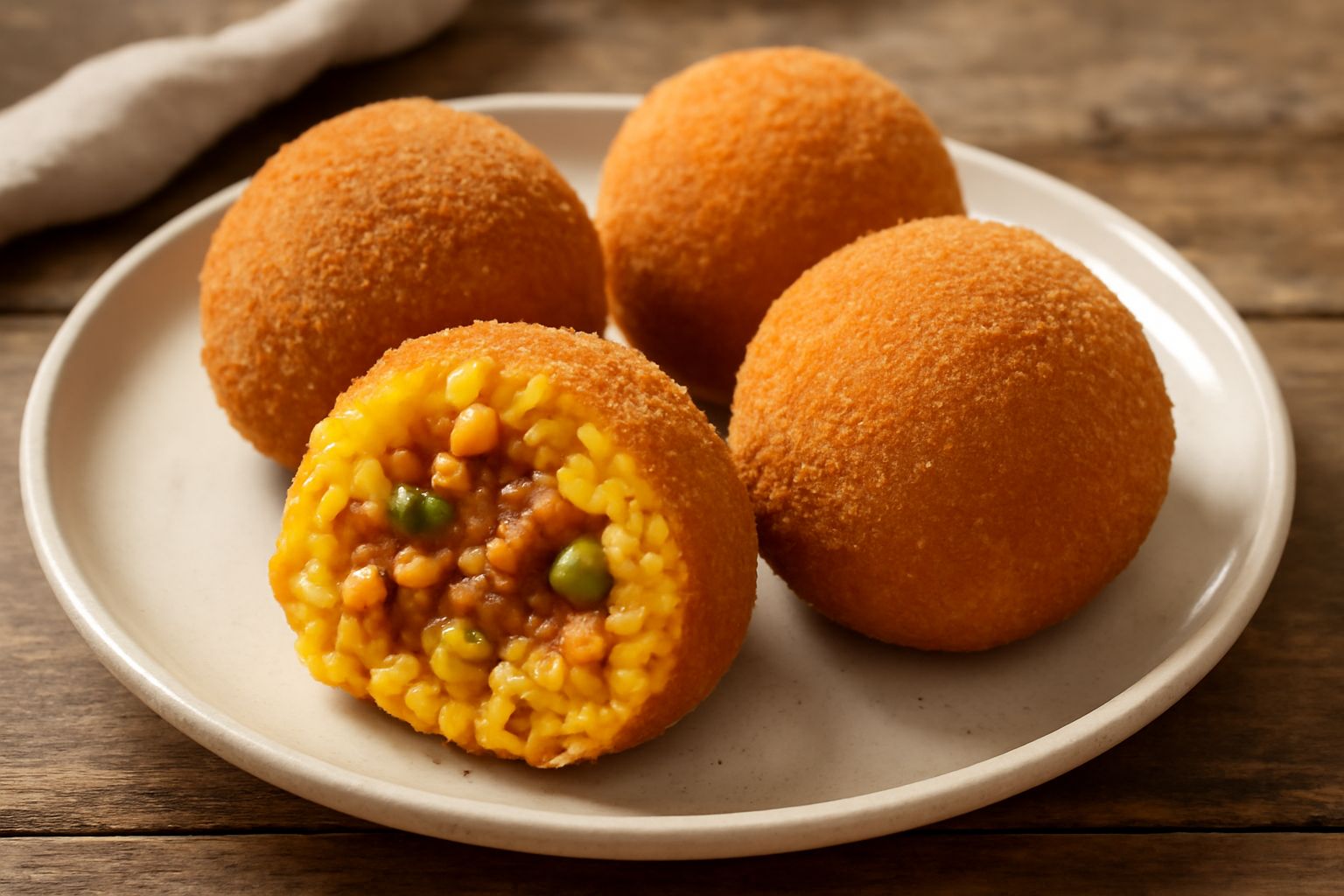 Tre arancini di riso dorati e croccanti disposti su un piatto bianco, con superficie panata uniforme e colore marrone ramato, interi e non tagliati