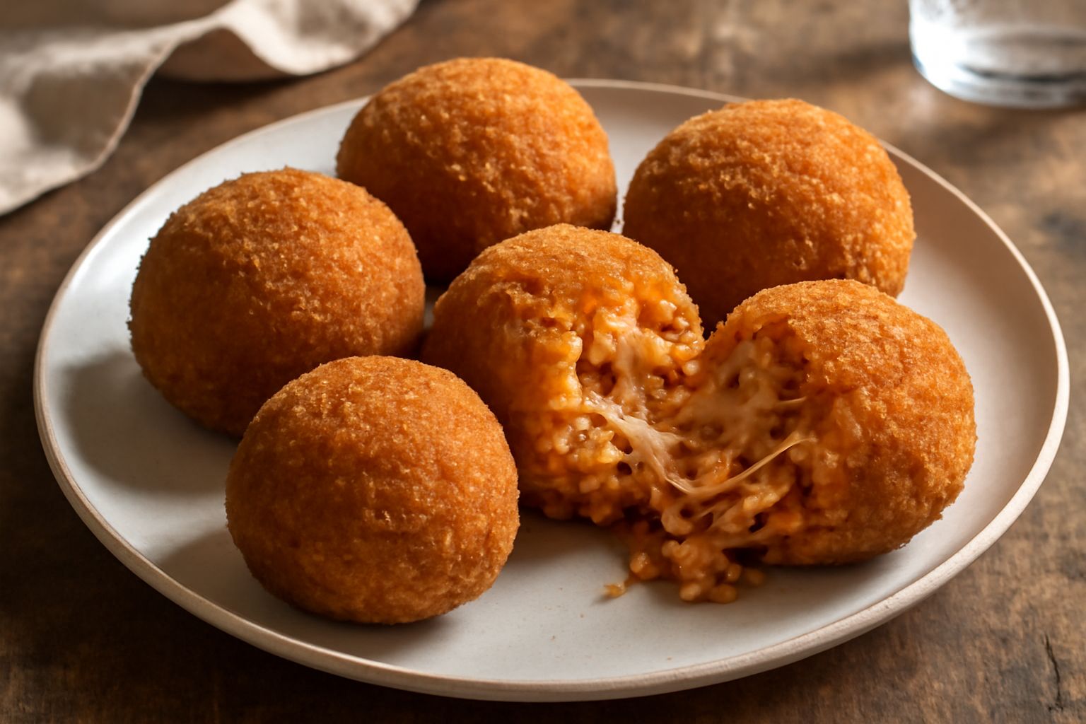 Tre arancini dorati e croccanti, leggermente tondeggianti, ripieni di ragù e formaggio fuso, poggiati su carta bianca con gocce d'olio, da soli o con un contorno di limone fresco