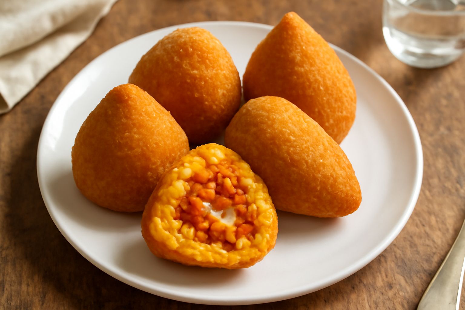 Tre arancini dorati e croccanti appena fritti, poggiati su carta bianca. All interno si vede il ragù marrone e la mozzarella filante. Accanto una ciotola di salsa al pomodoro.